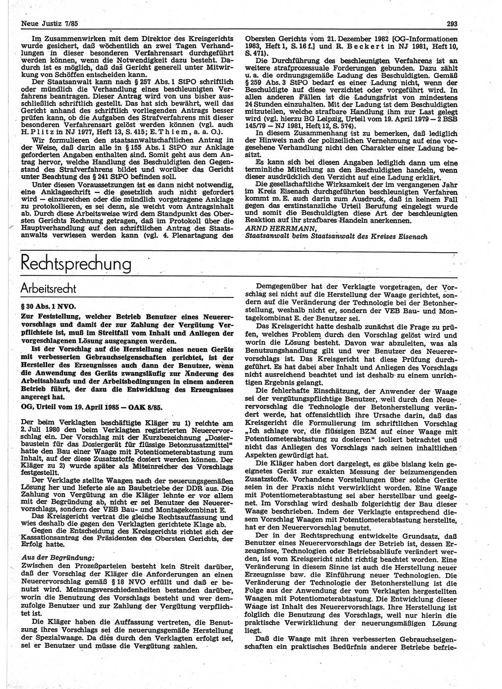 Neue Justiz (NJ), Zeitschrift für sozialistisches Recht und Gesetzlichkeit [Deutsche Demokratische Republik (DDR)], 39. Jahrgang 1985, Seite 293 (NJ DDR 1985, S. 293)