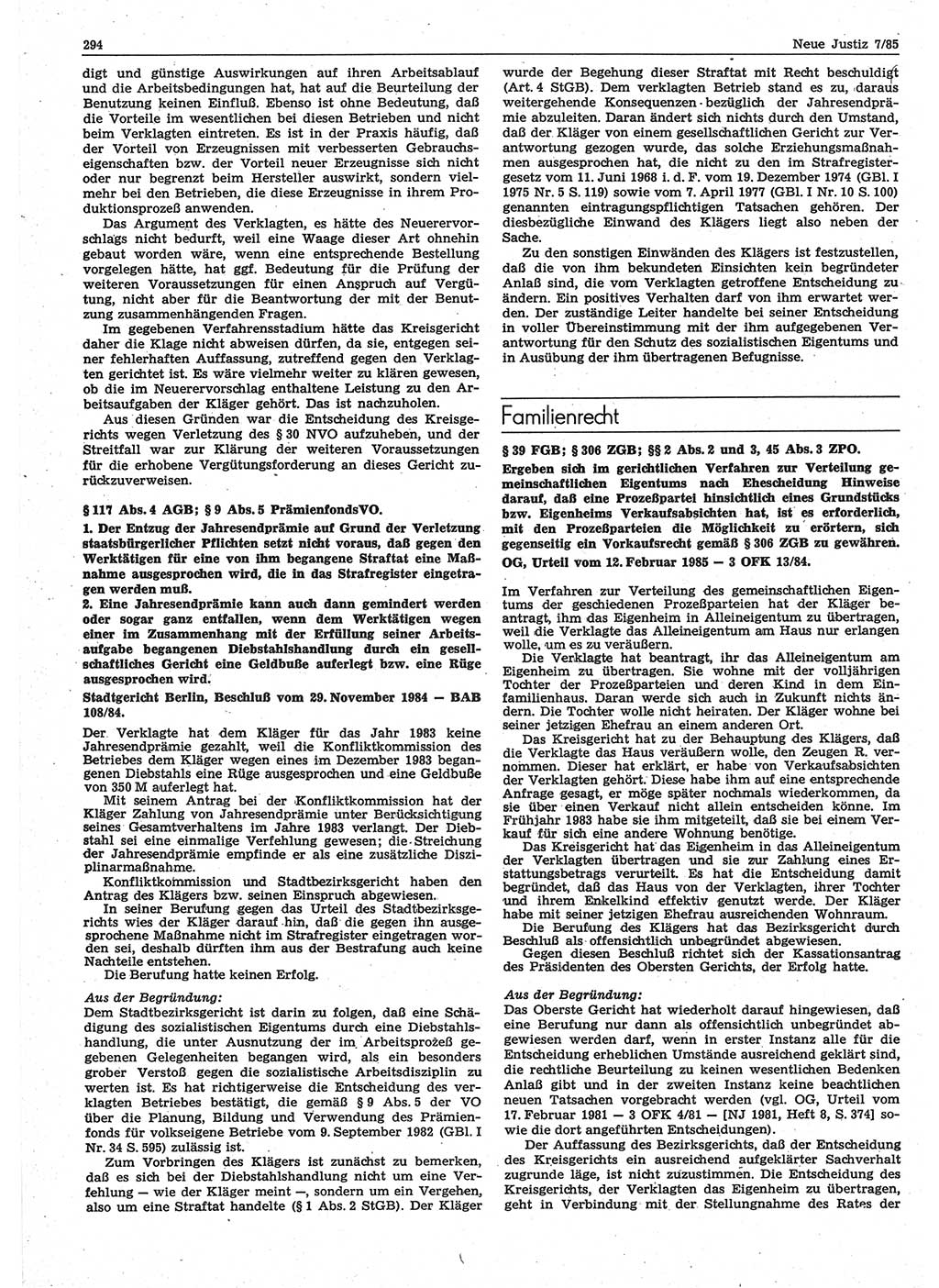 Neue Justiz (NJ), Zeitschrift für sozialistisches Recht und Gesetzlichkeit [Deutsche Demokratische Republik (DDR)], 39. Jahrgang 1985, Seite 294 (NJ DDR 1985, S. 294)