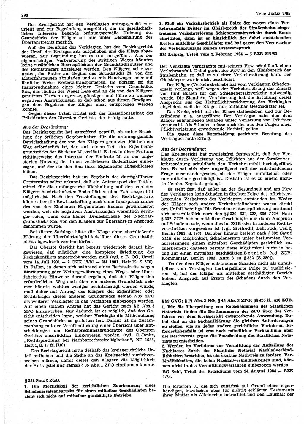 Neue Justiz (NJ), Zeitschrift für sozialistisches Recht und Gesetzlichkeit [Deutsche Demokratische Republik (DDR)], 39. Jahrgang 1985, Seite 296 (NJ DDR 1985, S. 296)