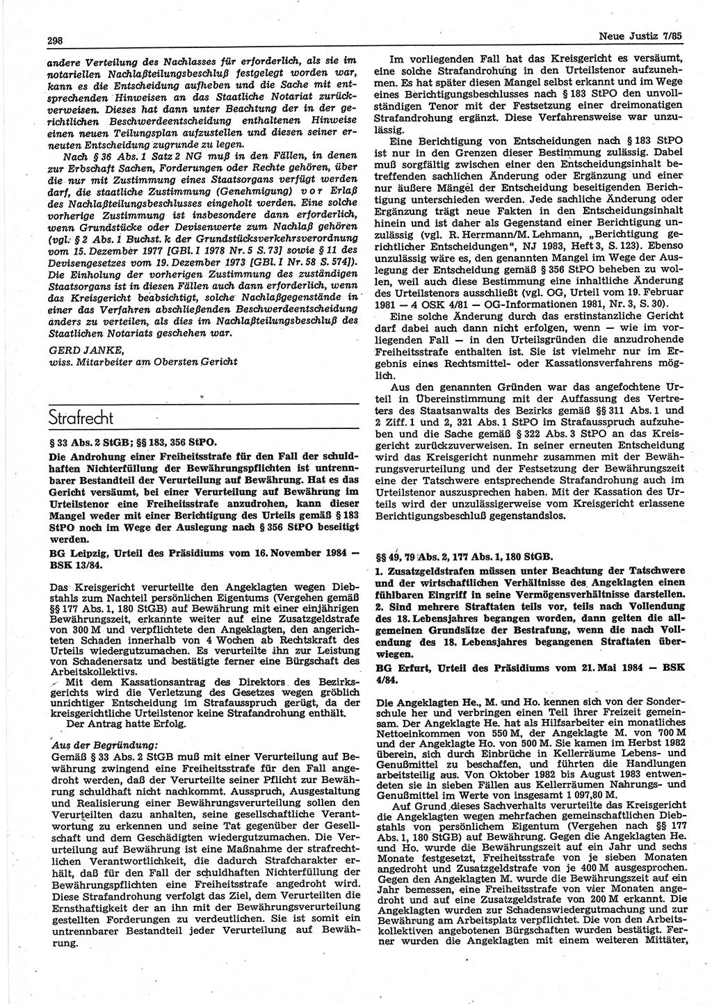 Neue Justiz (NJ), Zeitschrift für sozialistisches Recht und Gesetzlichkeit [Deutsche Demokratische Republik (DDR)], 39. Jahrgang 1985, Seite 298 (NJ DDR 1985, S. 298)