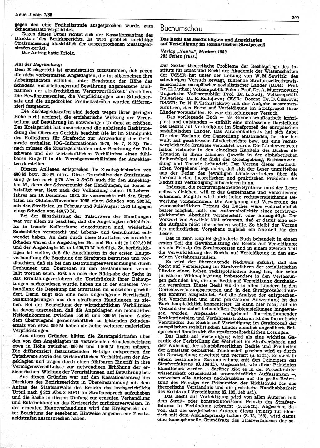 Neue Justiz (NJ), Zeitschrift für sozialistisches Recht und Gesetzlichkeit [Deutsche Demokratische Republik (DDR)], 39. Jahrgang 1985, Seite 299 (NJ DDR 1985, S. 299)