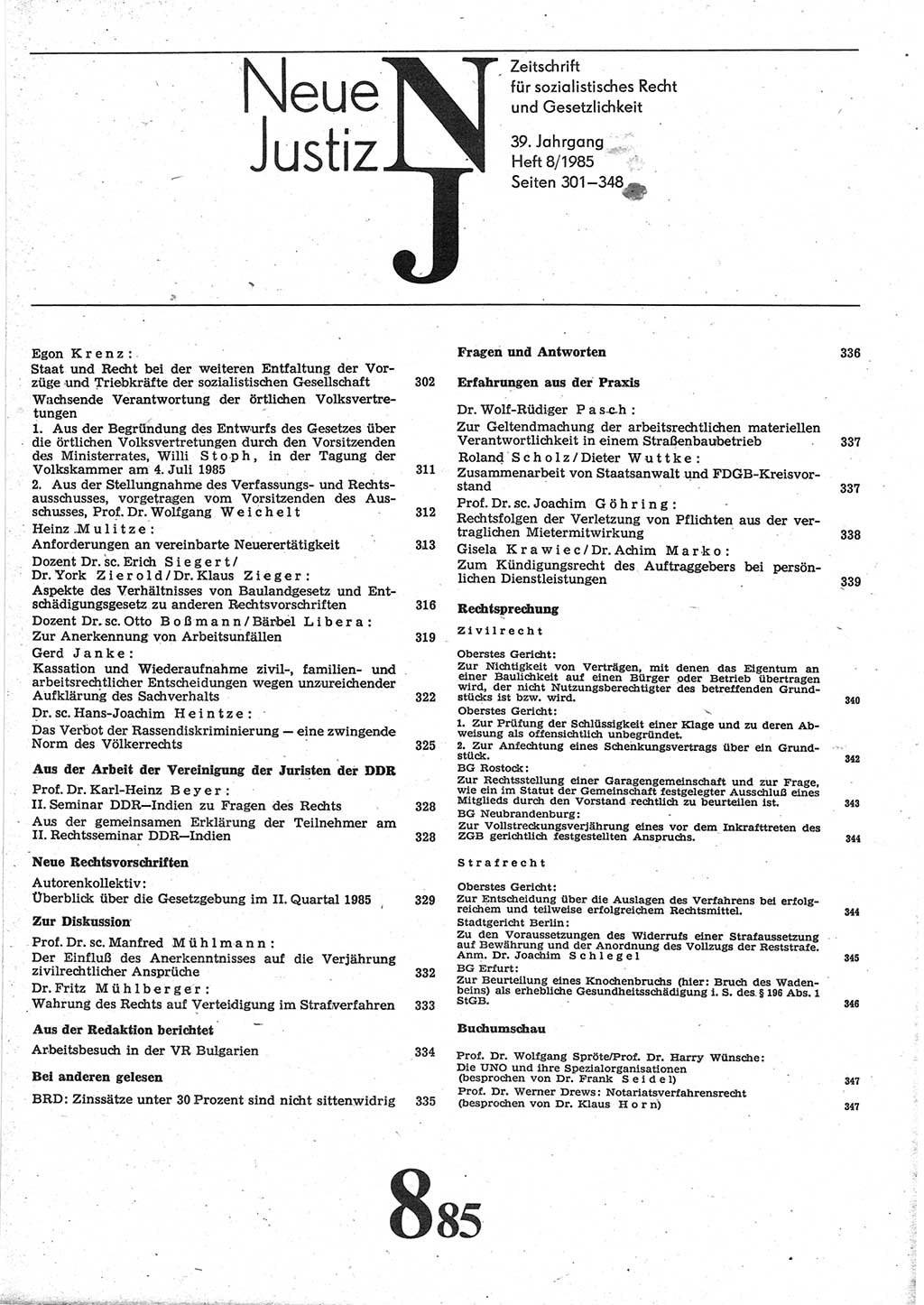 Neue Justiz (NJ), Zeitschrift für sozialistisches Recht und Gesetzlichkeit [Deutsche Demokratische Republik (DDR)], 39. Jahrgang 1985, Seite 301 (NJ DDR 1985, S. 301)