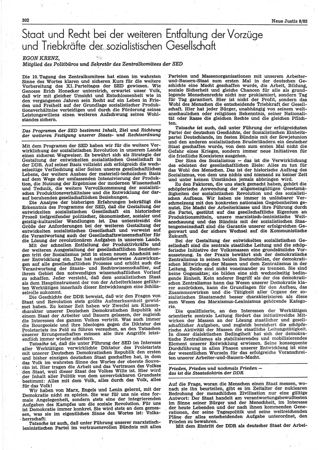 Neue Justiz (NJ), Zeitschrift für sozialistisches Recht und Gesetzlichkeit [Deutsche Demokratische Republik (DDR)], 39. Jahrgang 1985, Seite 302 (NJ DDR 1985, S. 302)