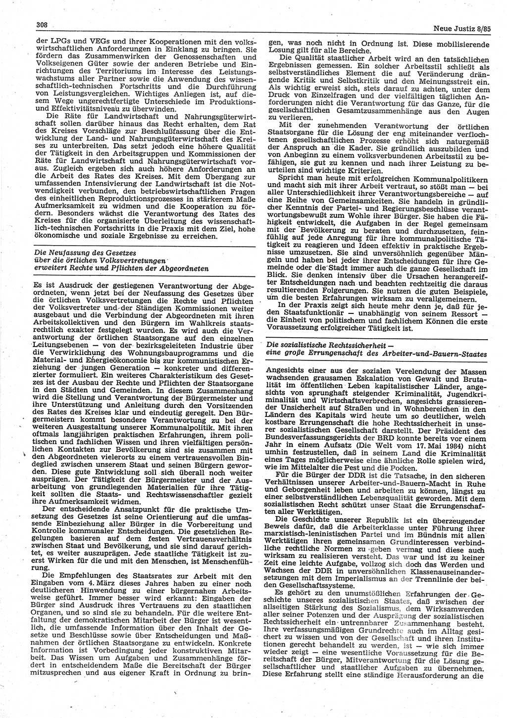 Neue Justiz (NJ), Zeitschrift für sozialistisches Recht und Gesetzlichkeit [Deutsche Demokratische Republik (DDR)], 39. Jahrgang 1985, Seite 308 (NJ DDR 1985, S. 308)