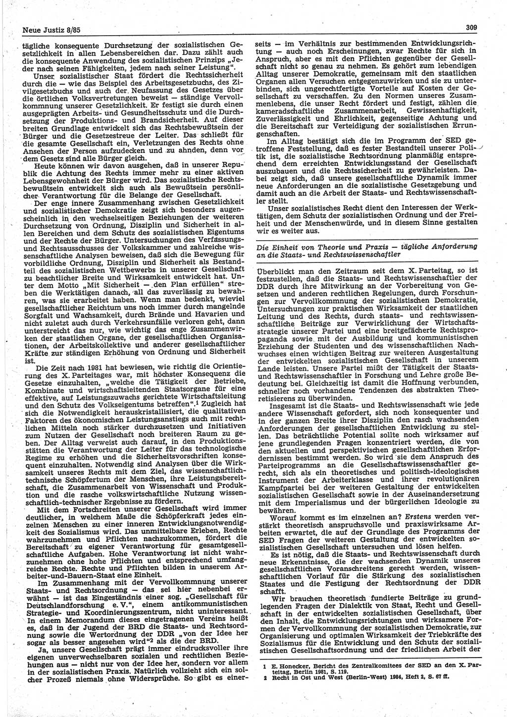 Neue Justiz (NJ), Zeitschrift für sozialistisches Recht und Gesetzlichkeit [Deutsche Demokratische Republik (DDR)], 39. Jahrgang 1985, Seite 309 (NJ DDR 1985, S. 309)