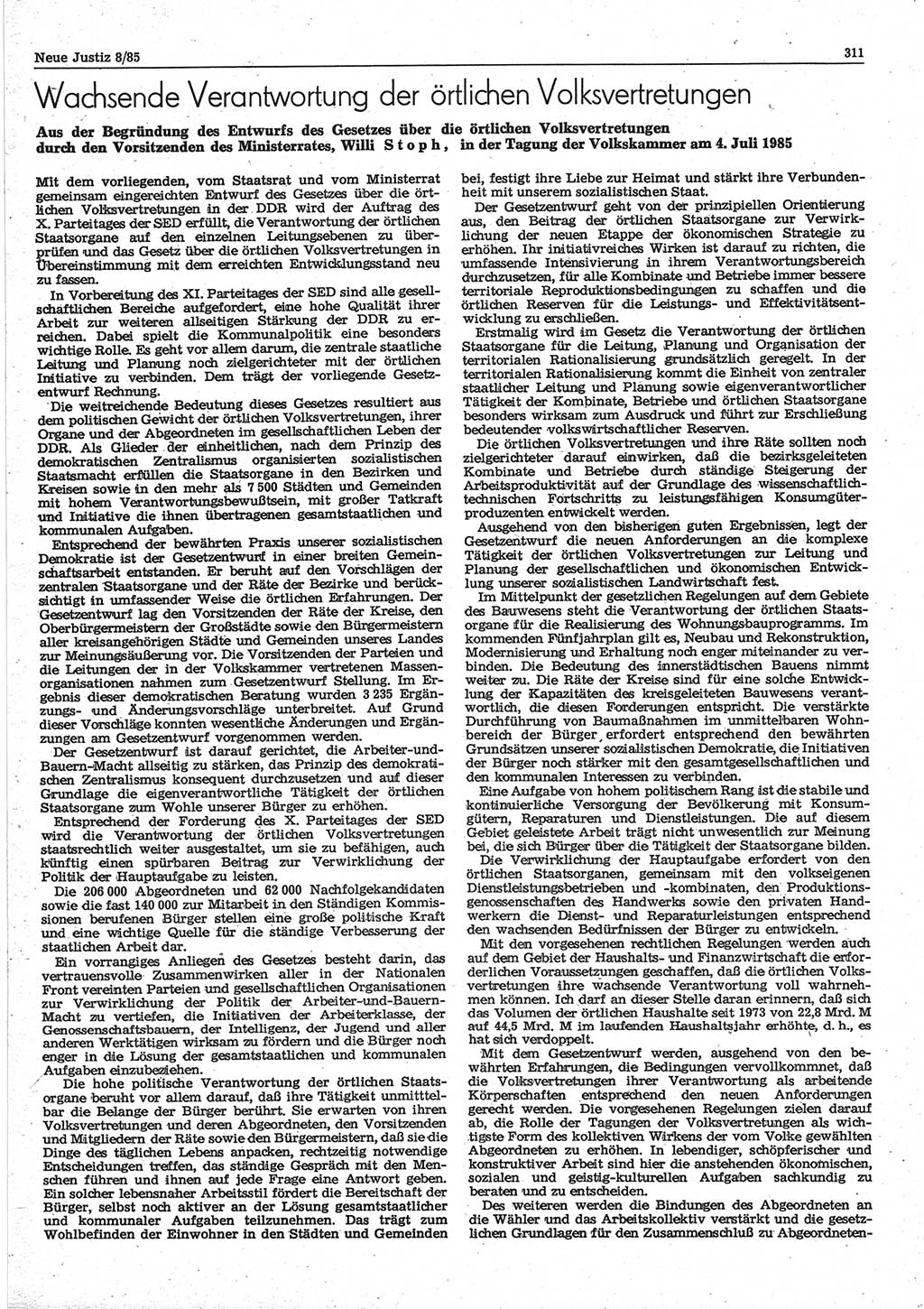 Neue Justiz (NJ), Zeitschrift für sozialistisches Recht und Gesetzlichkeit [Deutsche Demokratische Republik (DDR)], 39. Jahrgang 1985, Seite 311 (NJ DDR 1985, S. 311)