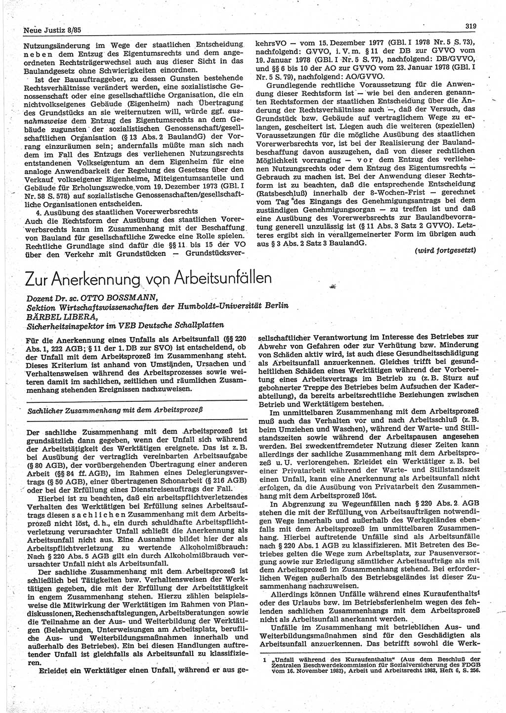 Neue Justiz (NJ), Zeitschrift für sozialistisches Recht und Gesetzlichkeit [Deutsche Demokratische Republik (DDR)], 39. Jahrgang 1985, Seite 319 (NJ DDR 1985, S. 319)