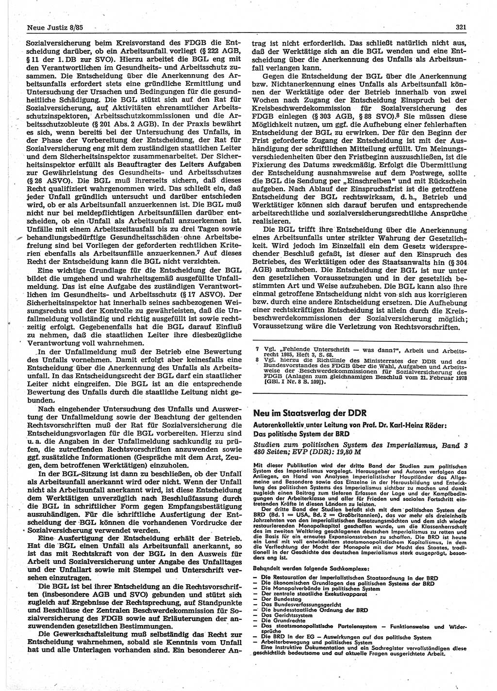 Neue Justiz (NJ), Zeitschrift für sozialistisches Recht und Gesetzlichkeit [Deutsche Demokratische Republik (DDR)], 39. Jahrgang 1985, Seite 321 (NJ DDR 1985, S. 321)