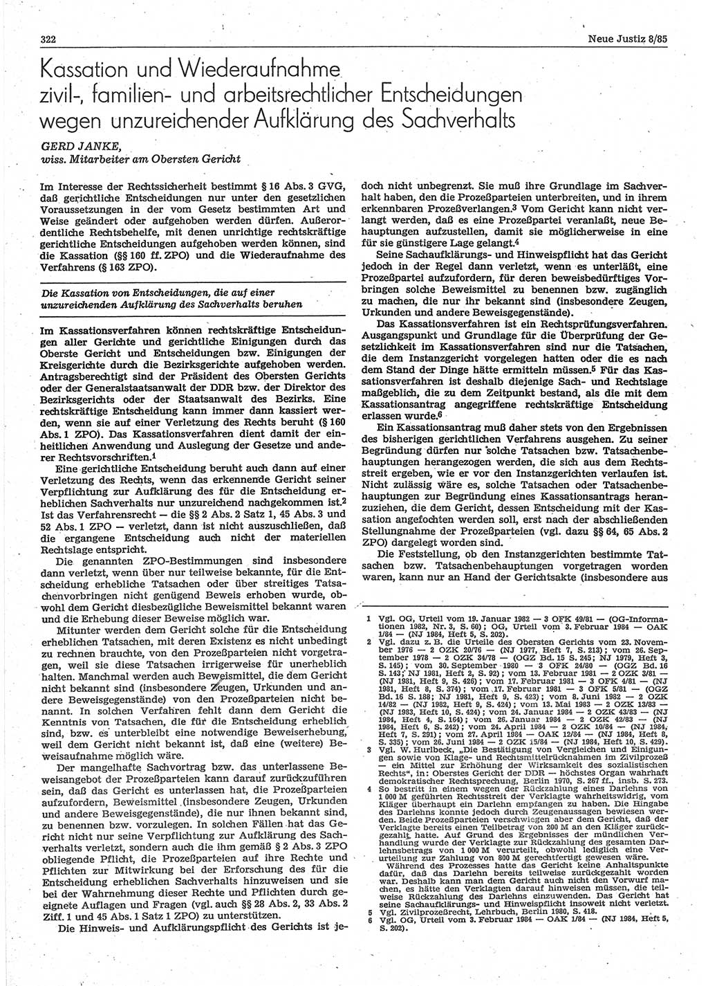 Neue Justiz (NJ), Zeitschrift für sozialistisches Recht und Gesetzlichkeit [Deutsche Demokratische Republik (DDR)], 39. Jahrgang 1985, Seite 322 (NJ DDR 1985, S. 322)