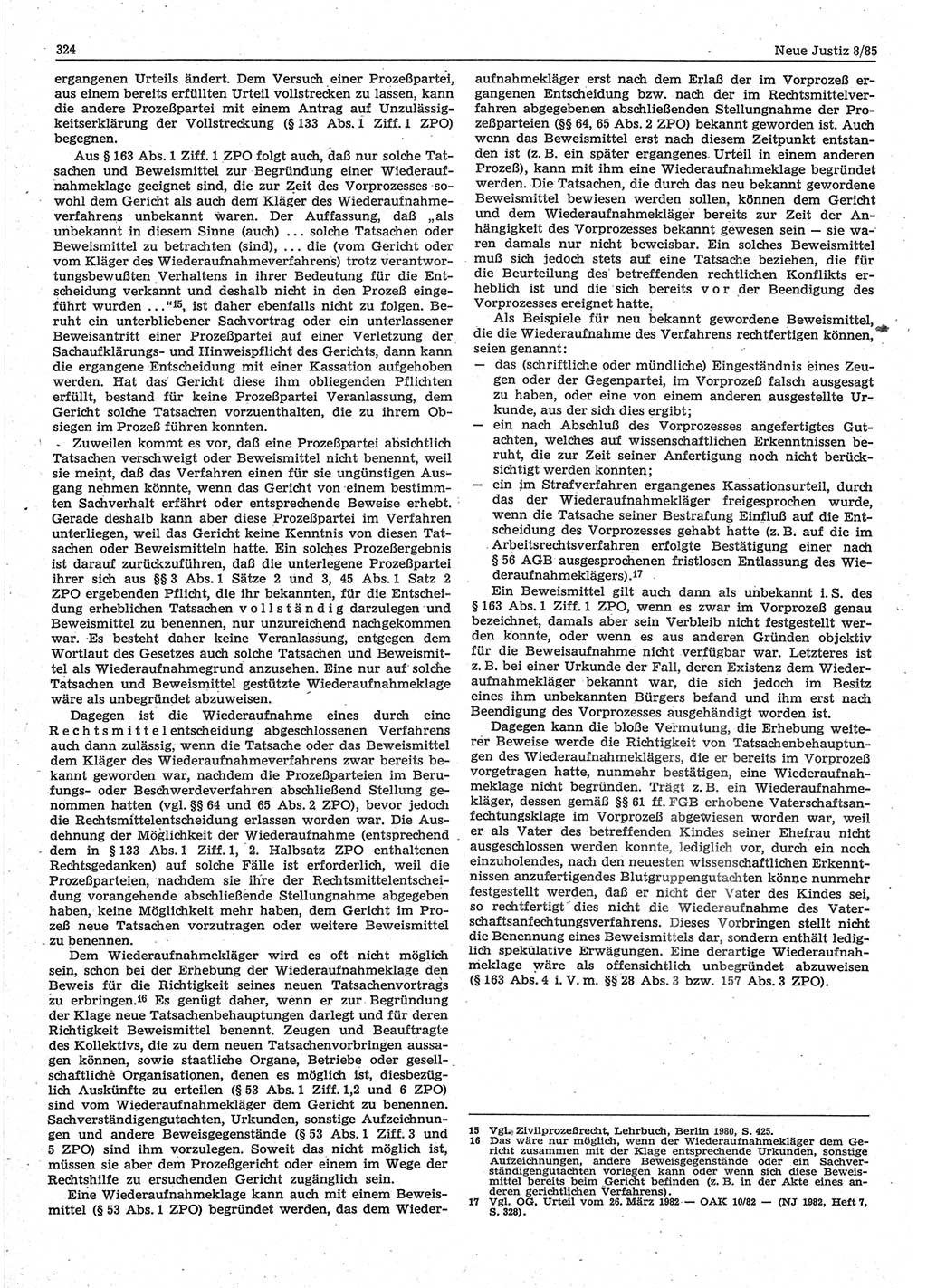 Neue Justiz (NJ), Zeitschrift für sozialistisches Recht und Gesetzlichkeit [Deutsche Demokratische Republik (DDR)], 39. Jahrgang 1985, Seite 324 (NJ DDR 1985, S. 324)
