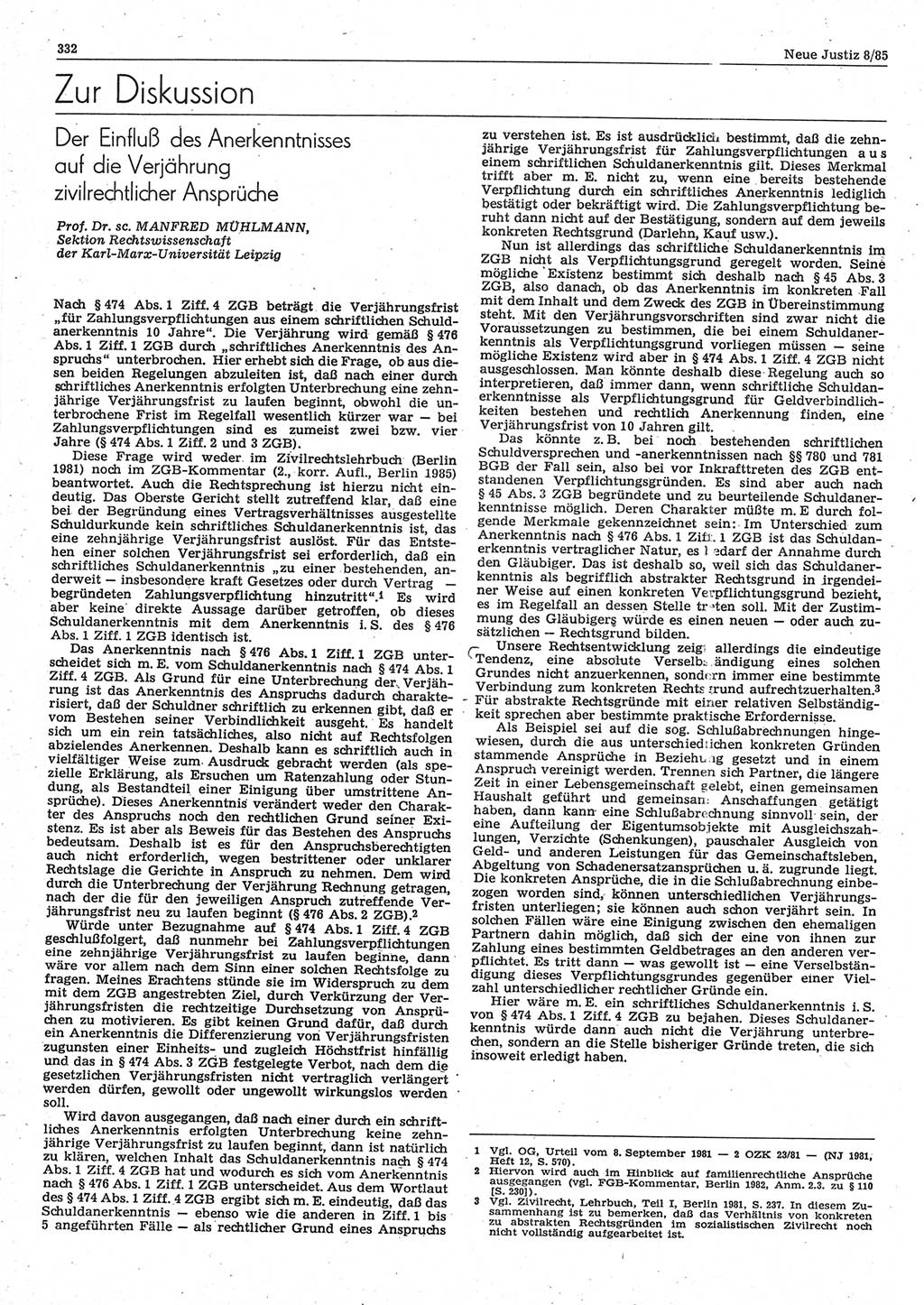 Neue Justiz (NJ), Zeitschrift für sozialistisches Recht und Gesetzlichkeit [Deutsche Demokratische Republik (DDR)], 39. Jahrgang 1985, Seite 332 (NJ DDR 1985, S. 332)