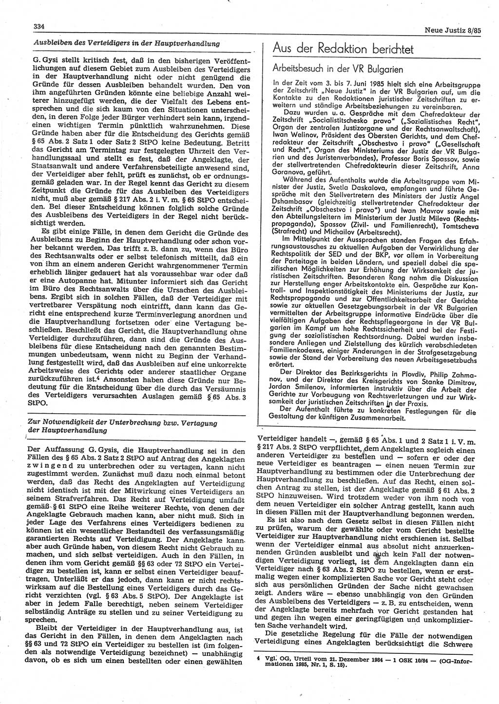 Neue Justiz (NJ), Zeitschrift für sozialistisches Recht und Gesetzlichkeit [Deutsche Demokratische Republik (DDR)], 39. Jahrgang 1985, Seite 334 (NJ DDR 1985, S. 334)