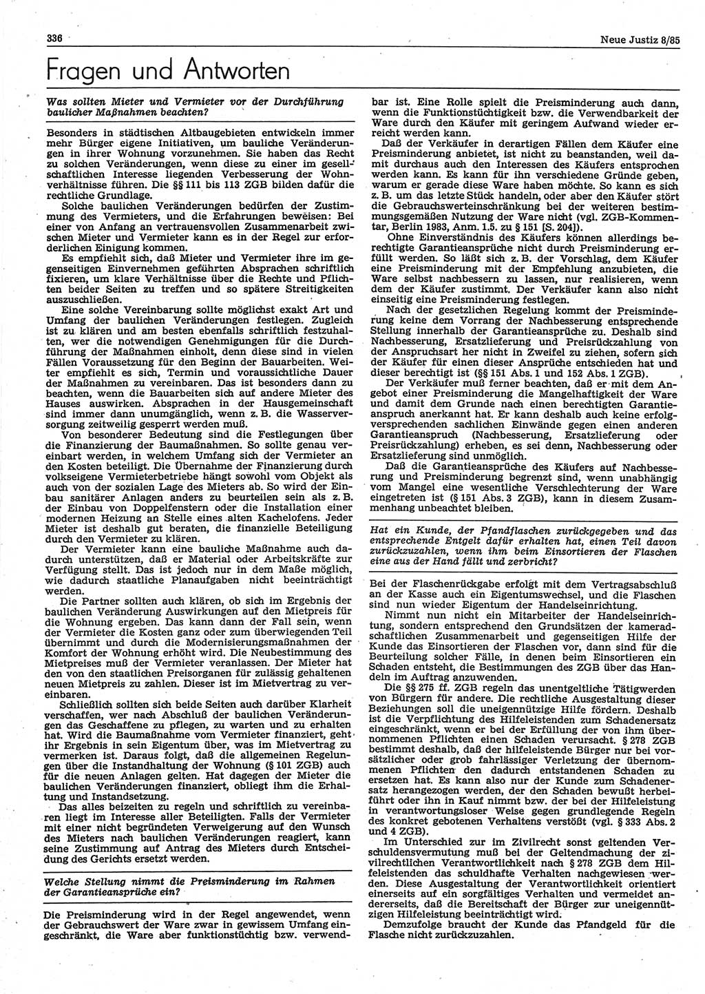 Neue Justiz (NJ), Zeitschrift für sozialistisches Recht und Gesetzlichkeit [Deutsche Demokratische Republik (DDR)], 39. Jahrgang 1985, Seite 336 (NJ DDR 1985, S. 336)