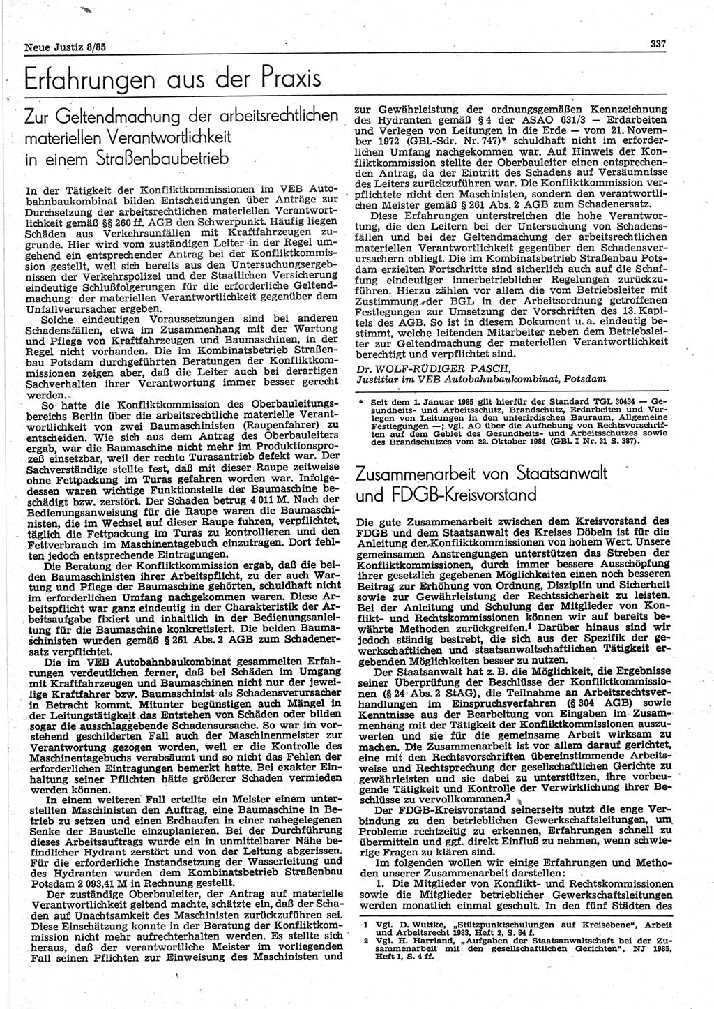 Neue Justiz (NJ), Zeitschrift für sozialistisches Recht und Gesetzlichkeit [Deutsche Demokratische Republik (DDR)], 39. Jahrgang 1985, Seite 337 (NJ DDR 1985, S. 337)