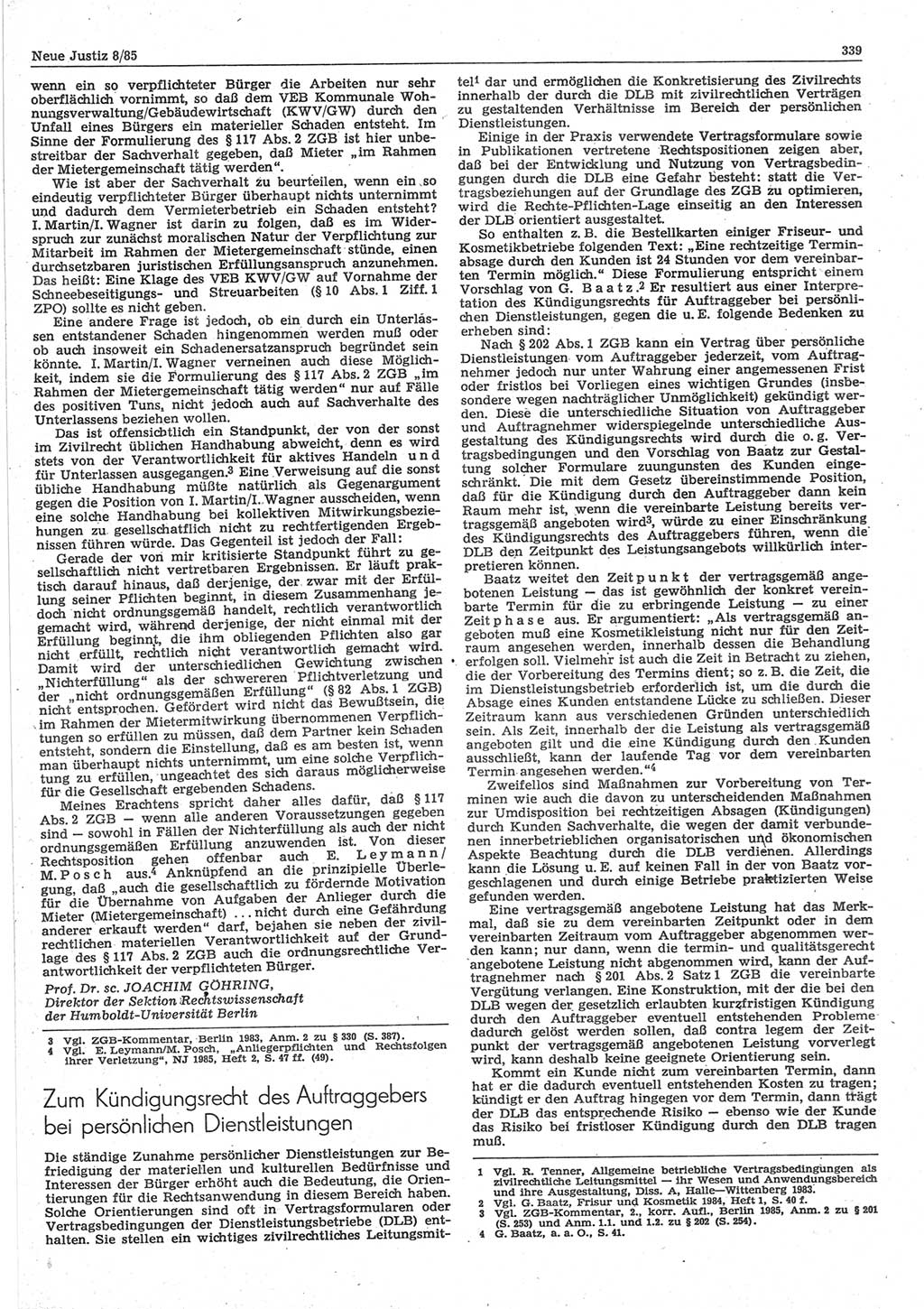 Neue Justiz (NJ), Zeitschrift für sozialistisches Recht und Gesetzlichkeit [Deutsche Demokratische Republik (DDR)], 39. Jahrgang 1985, Seite 339 (NJ DDR 1985, S. 339)