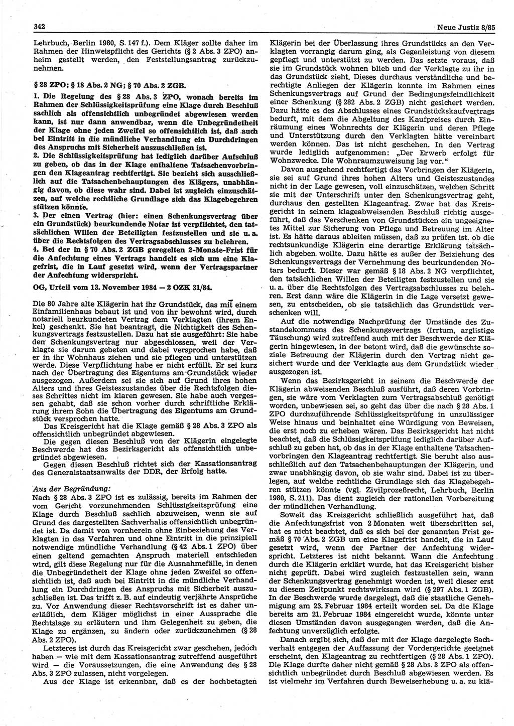 Neue Justiz (NJ), Zeitschrift für sozialistisches Recht und Gesetzlichkeit [Deutsche Demokratische Republik (DDR)], 39. Jahrgang 1985, Seite 342 (NJ DDR 1985, S. 342)