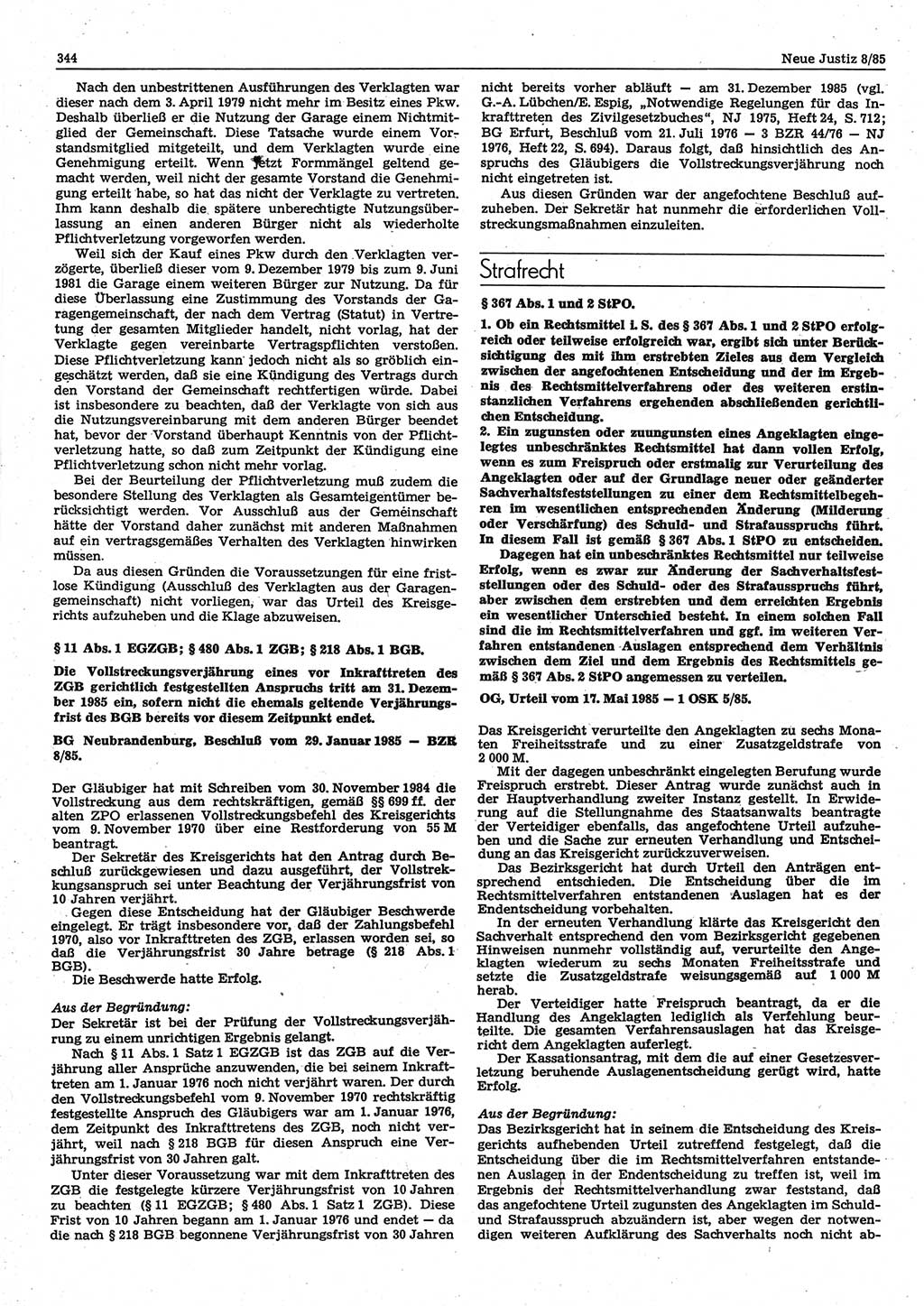 Neue Justiz (NJ), Zeitschrift für sozialistisches Recht und Gesetzlichkeit [Deutsche Demokratische Republik (DDR)], 39. Jahrgang 1985, Seite 344 (NJ DDR 1985, S. 344)