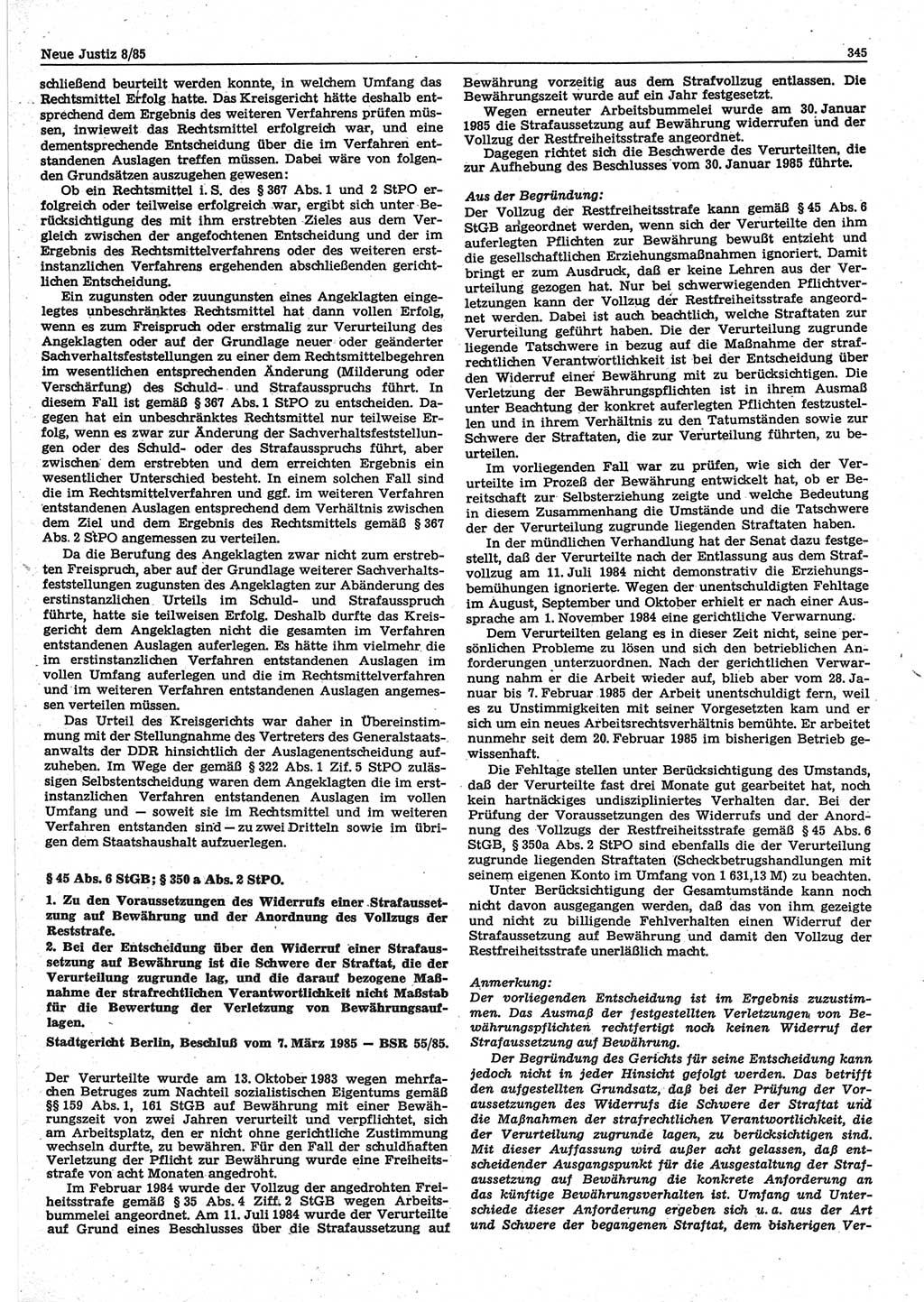 Neue Justiz (NJ), Zeitschrift für sozialistisches Recht und Gesetzlichkeit [Deutsche Demokratische Republik (DDR)], 39. Jahrgang 1985, Seite 345 (NJ DDR 1985, S. 345)
