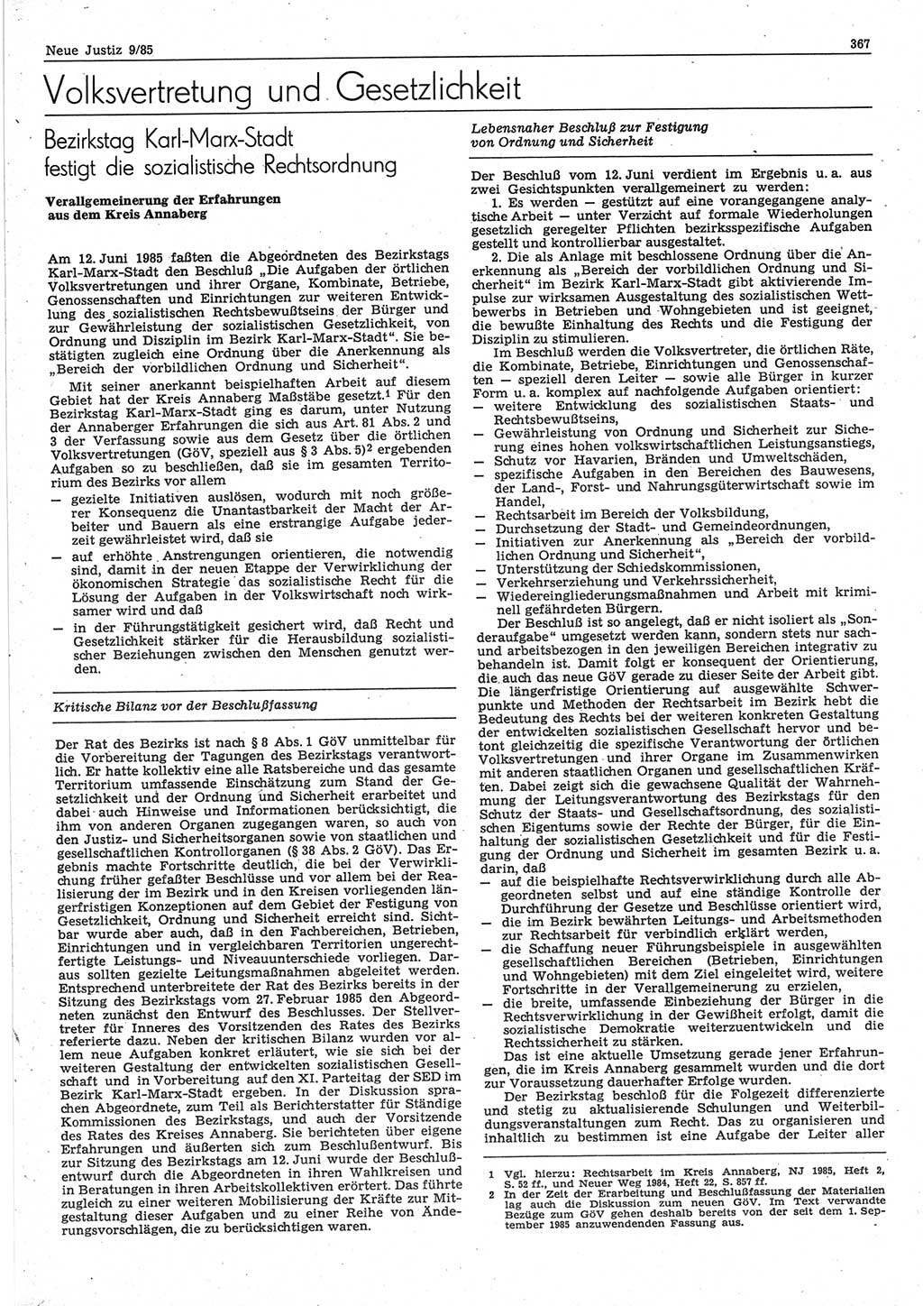 Neue Justiz (NJ), Zeitschrift für sozialistisches Recht und Gesetzlichkeit [Deutsche Demokratische Republik (DDR)], 39. Jahrgang 1985, Seite 367 (NJ DDR 1985, S. 367)
