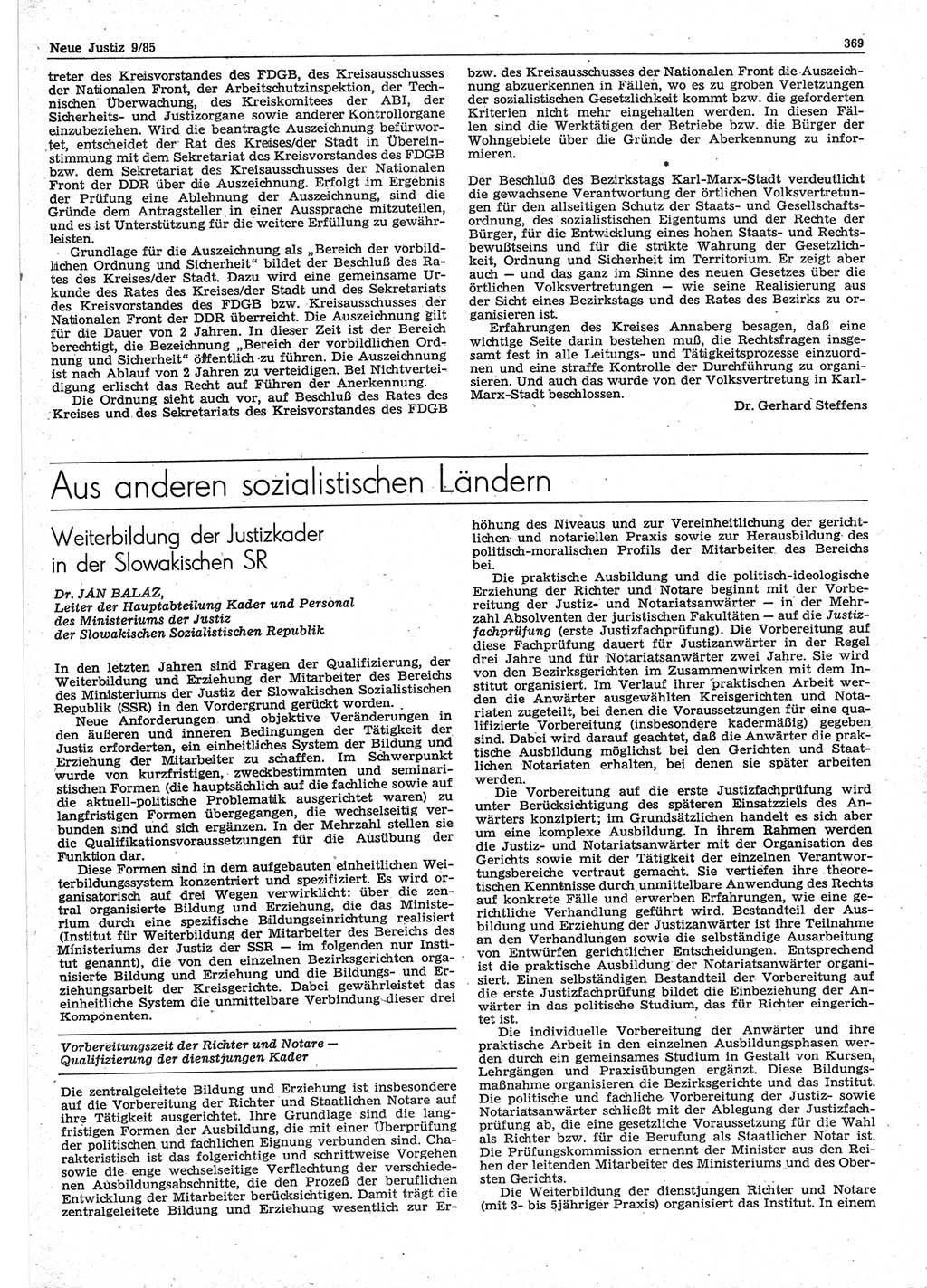 Neue Justiz (NJ), Zeitschrift für sozialistisches Recht und Gesetzlichkeit [Deutsche Demokratische Republik (DDR)], 39. Jahrgang 1985, Seite 369 (NJ DDR 1985, S. 369)