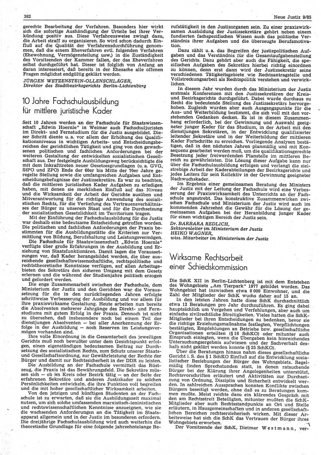 Neue Justiz (NJ), Zeitschrift für sozialistisches Recht und Gesetzlichkeit [Deutsche Demokratische Republik (DDR)], 39. Jahrgang 1985, Seite 382 (NJ DDR 1985, S. 382)