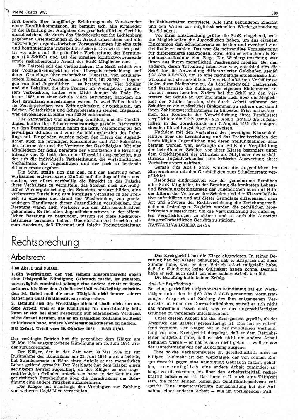 Neue Justiz (NJ), Zeitschrift für sozialistisches Recht und Gesetzlichkeit [Deutsche Demokratische Republik (DDR)], 39. Jahrgang 1985, Seite 383 (NJ DDR 1985, S. 383)