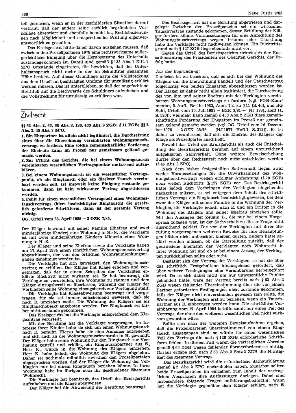 Neue Justiz (NJ), Zeitschrift für sozialistisches Recht und Gesetzlichkeit [Deutsche Demokratische Republik (DDR)], 39. Jahrgang 1985, Seite 386 (NJ DDR 1985, S. 386)