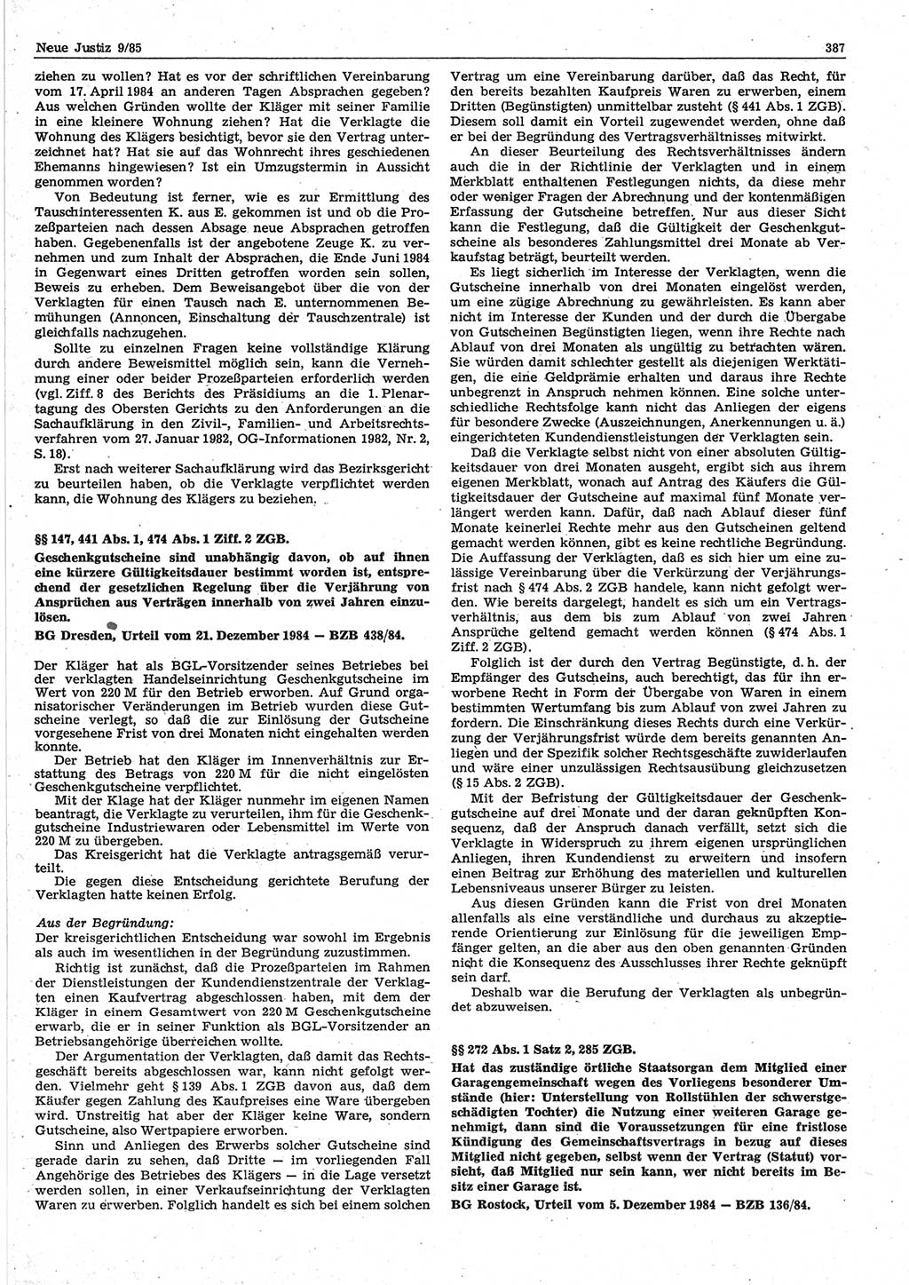 Neue Justiz (NJ), Zeitschrift für sozialistisches Recht und Gesetzlichkeit [Deutsche Demokratische Republik (DDR)], 39. Jahrgang 1985, Seite 387 (NJ DDR 1985, S. 387)