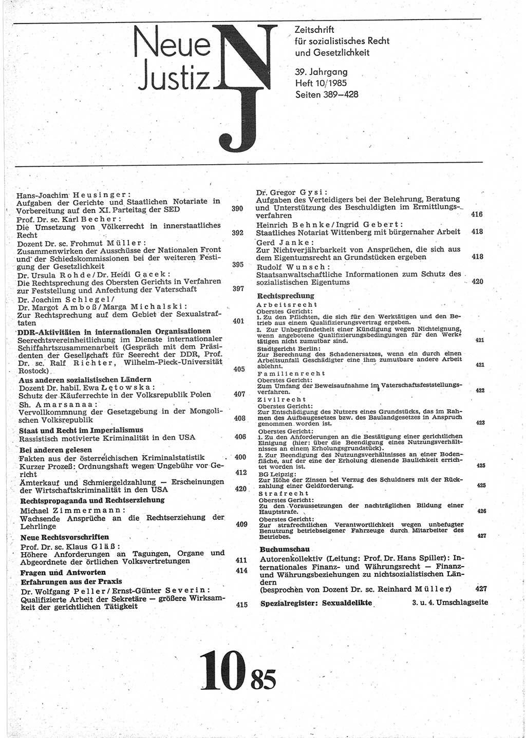 Neue Justiz (NJ), Zeitschrift für sozialistisches Recht und Gesetzlichkeit [Deutsche Demokratische Republik (DDR)], 39. Jahrgang 1985, Seite 389 (NJ DDR 1985, S. 389)