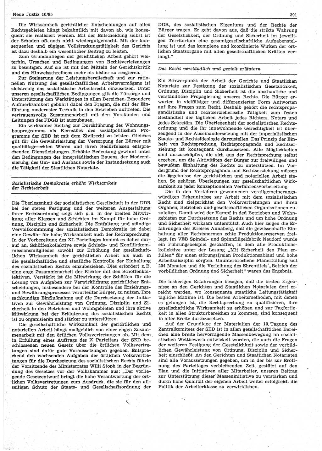 Neue Justiz (NJ), Zeitschrift für sozialistisches Recht und Gesetzlichkeit [Deutsche Demokratische Republik (DDR)], 39. Jahrgang 1985, Seite 391 (NJ DDR 1985, S. 391)