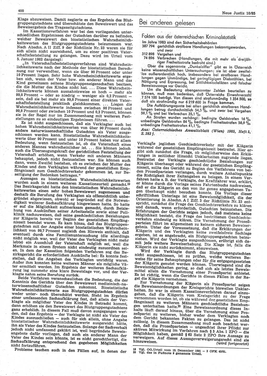 Neue Justiz (NJ), Zeitschrift für sozialistisches Recht und Gesetzlichkeit [Deutsche Demokratische Republik (DDR)], 39. Jahrgang 1985, Seite 400 (NJ DDR 1985, S. 400)