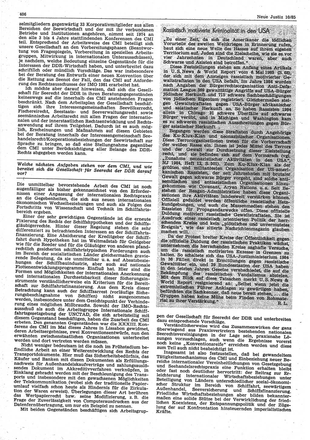 Neue Justiz (NJ), Zeitschrift für sozialistisches Recht und Gesetzlichkeit [Deutsche Demokratische Republik (DDR)], 39. Jahrgang 1985, Seite 406 (NJ DDR 1985, S. 406)