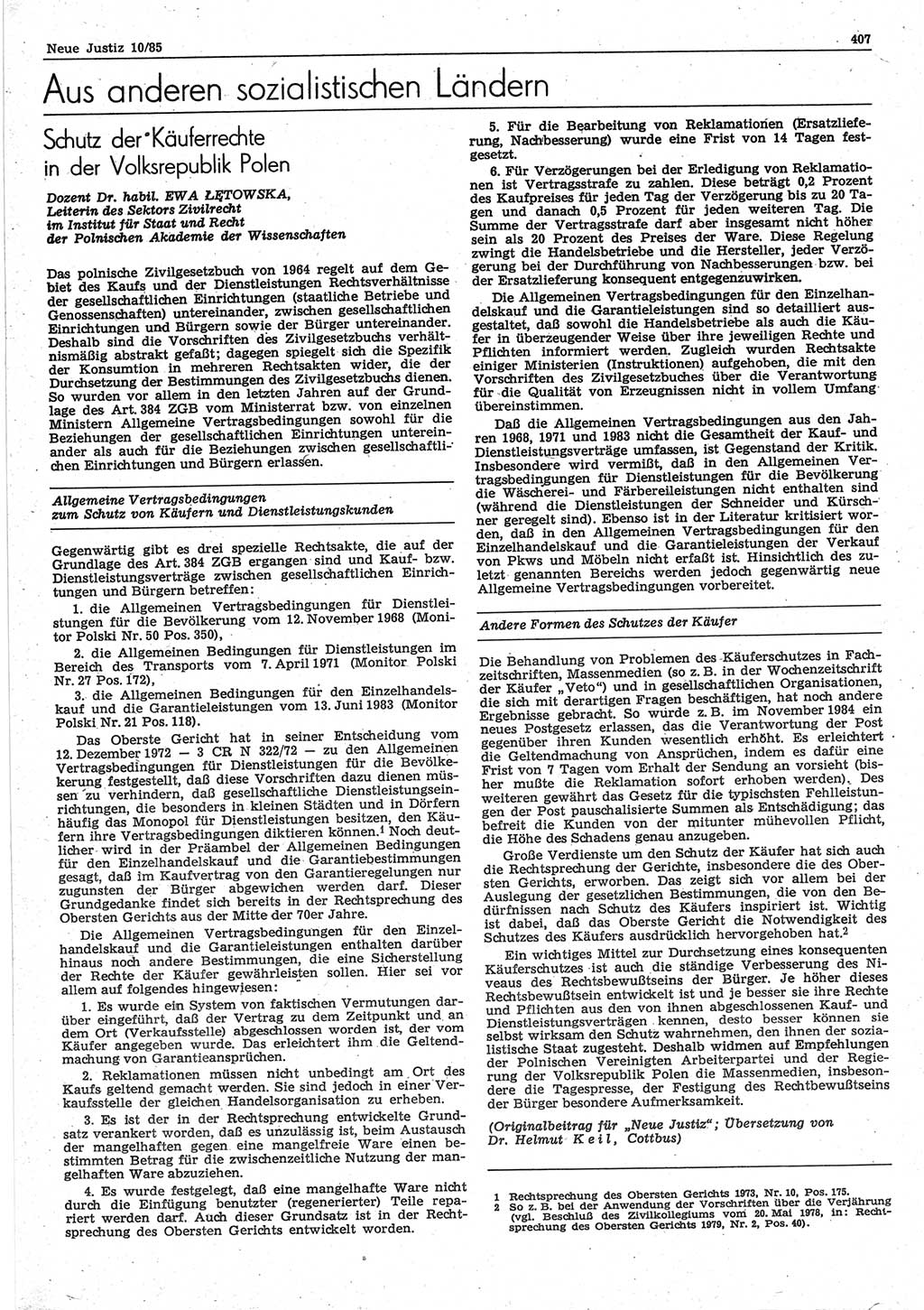 Neue Justiz (NJ), Zeitschrift für sozialistisches Recht und Gesetzlichkeit [Deutsche Demokratische Republik (DDR)], 39. Jahrgang 1985, Seite 407 (NJ DDR 1985, S. 407)