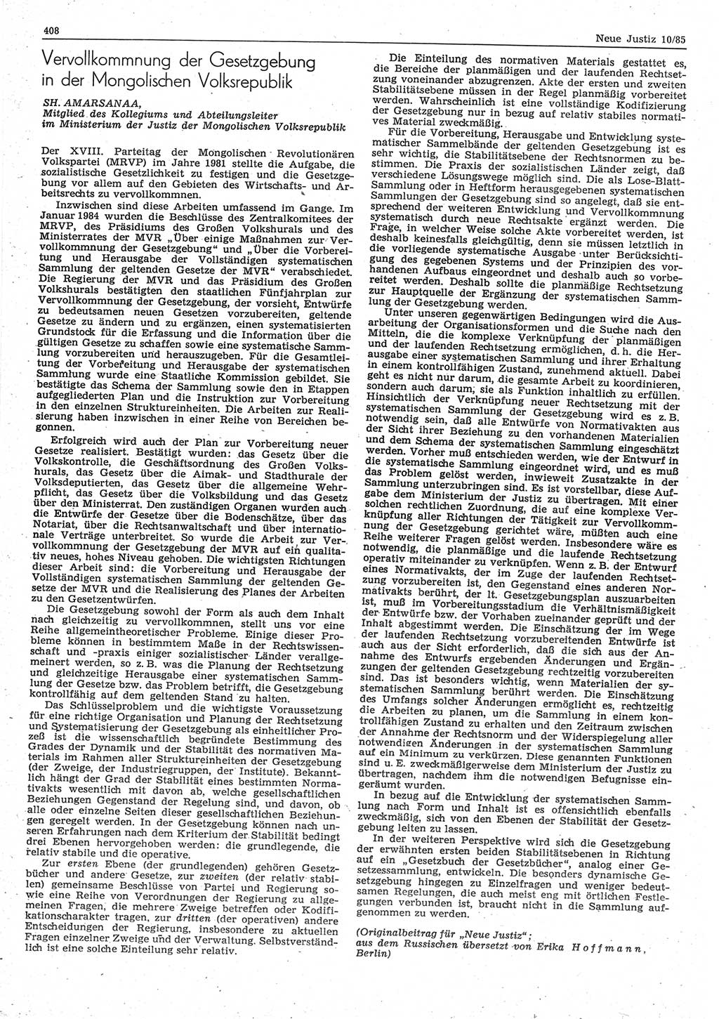 Neue Justiz (NJ), Zeitschrift für sozialistisches Recht und Gesetzlichkeit [Deutsche Demokratische Republik (DDR)], 39. Jahrgang 1985, Seite 408 (NJ DDR 1985, S. 408)