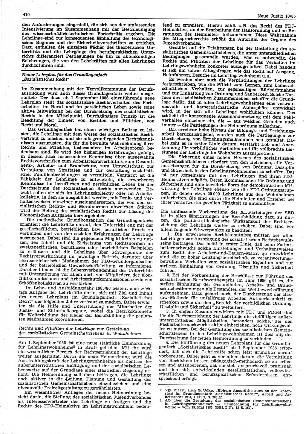 Neue Justiz (NJ), Zeitschrift für sozialistisches Recht und Gesetzlichkeit [Deutsche Demokratische Republik (DDR)], 39. Jahrgang 1985, Seite 410 (NJ DDR 1985, S. 410)