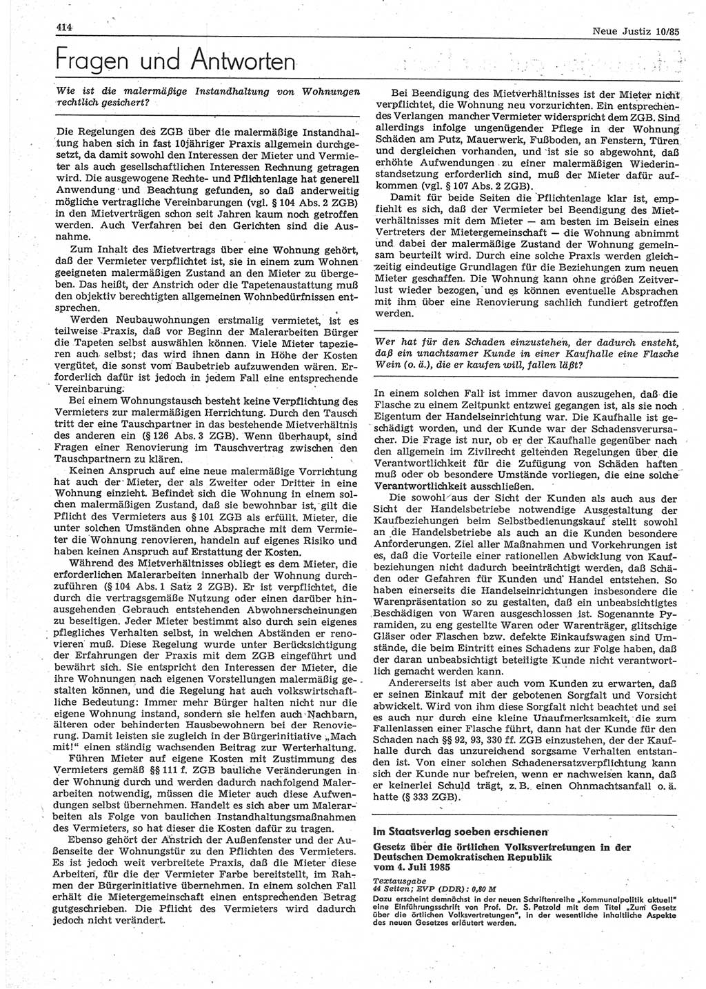 Neue Justiz (NJ), Zeitschrift für sozialistisches Recht und Gesetzlichkeit [Deutsche Demokratische Republik (DDR)], 39. Jahrgang 1985, Seite 414 (NJ DDR 1985, S. 414)