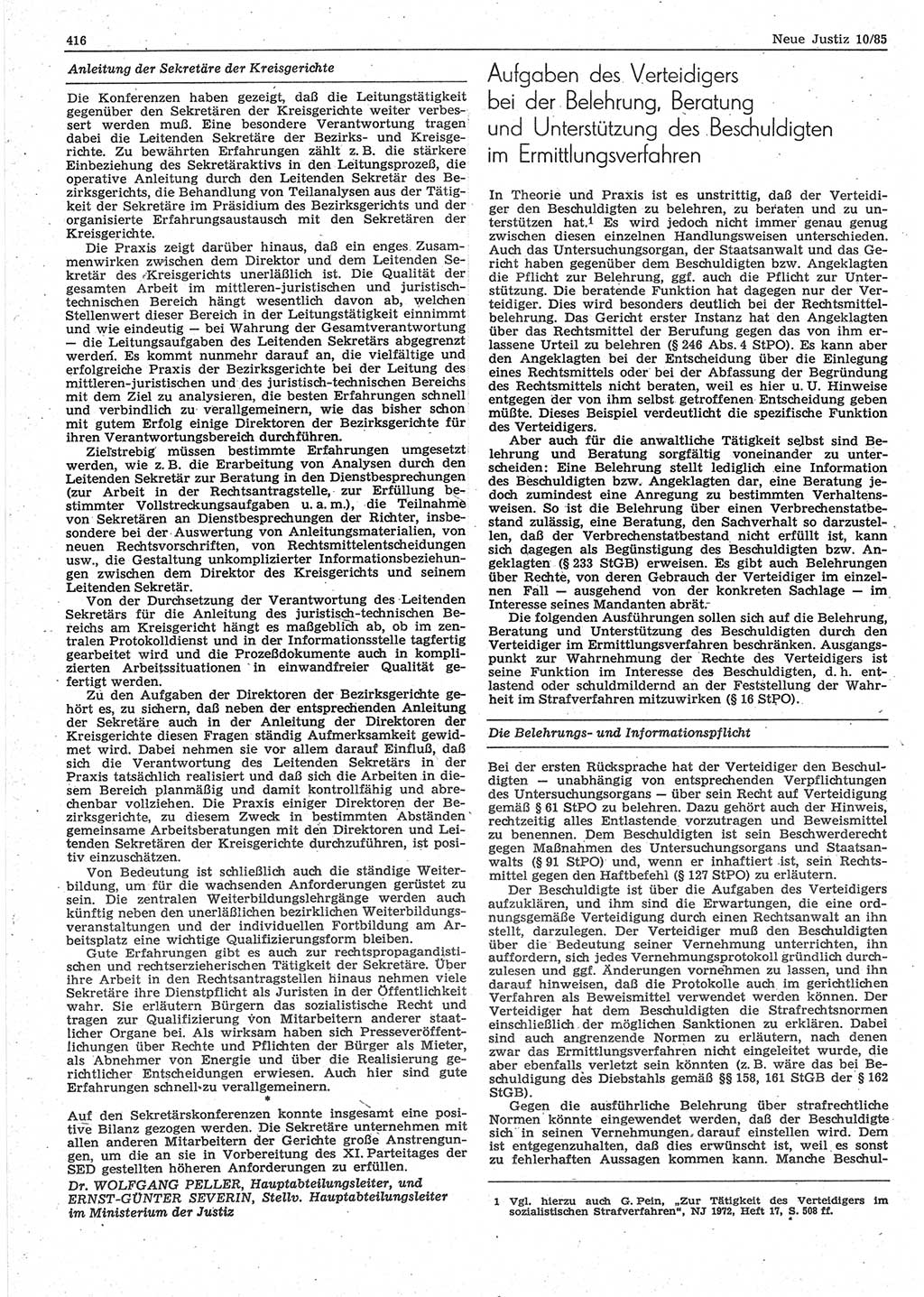 Neue Justiz (NJ), Zeitschrift für sozialistisches Recht und Gesetzlichkeit [Deutsche Demokratische Republik (DDR)], 39. Jahrgang 1985, Seite 416 (NJ DDR 1985, S. 416)