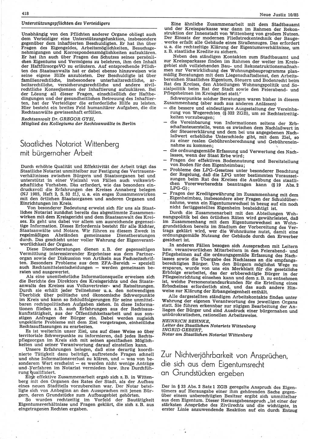 Neue Justiz (NJ), Zeitschrift für sozialistisches Recht und Gesetzlichkeit [Deutsche Demokratische Republik (DDR)], 39. Jahrgang 1985, Seite 418 (NJ DDR 1985, S. 418)