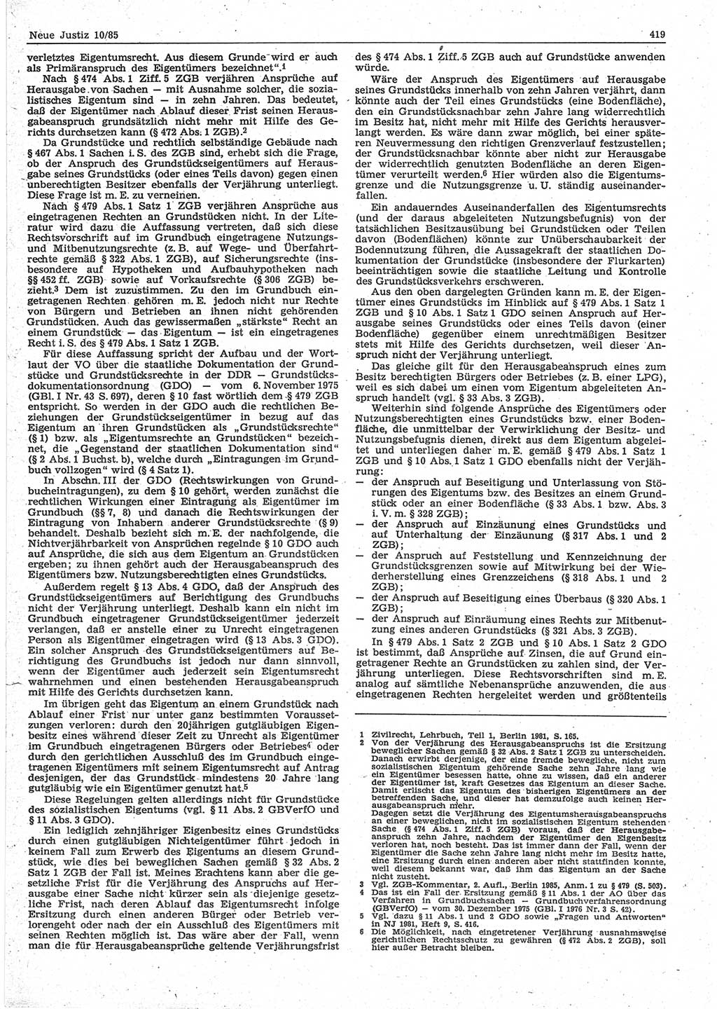 Neue Justiz (NJ), Zeitschrift für sozialistisches Recht und Gesetzlichkeit [Deutsche Demokratische Republik (DDR)], 39. Jahrgang 1985, Seite 419 (NJ DDR 1985, S. 419)