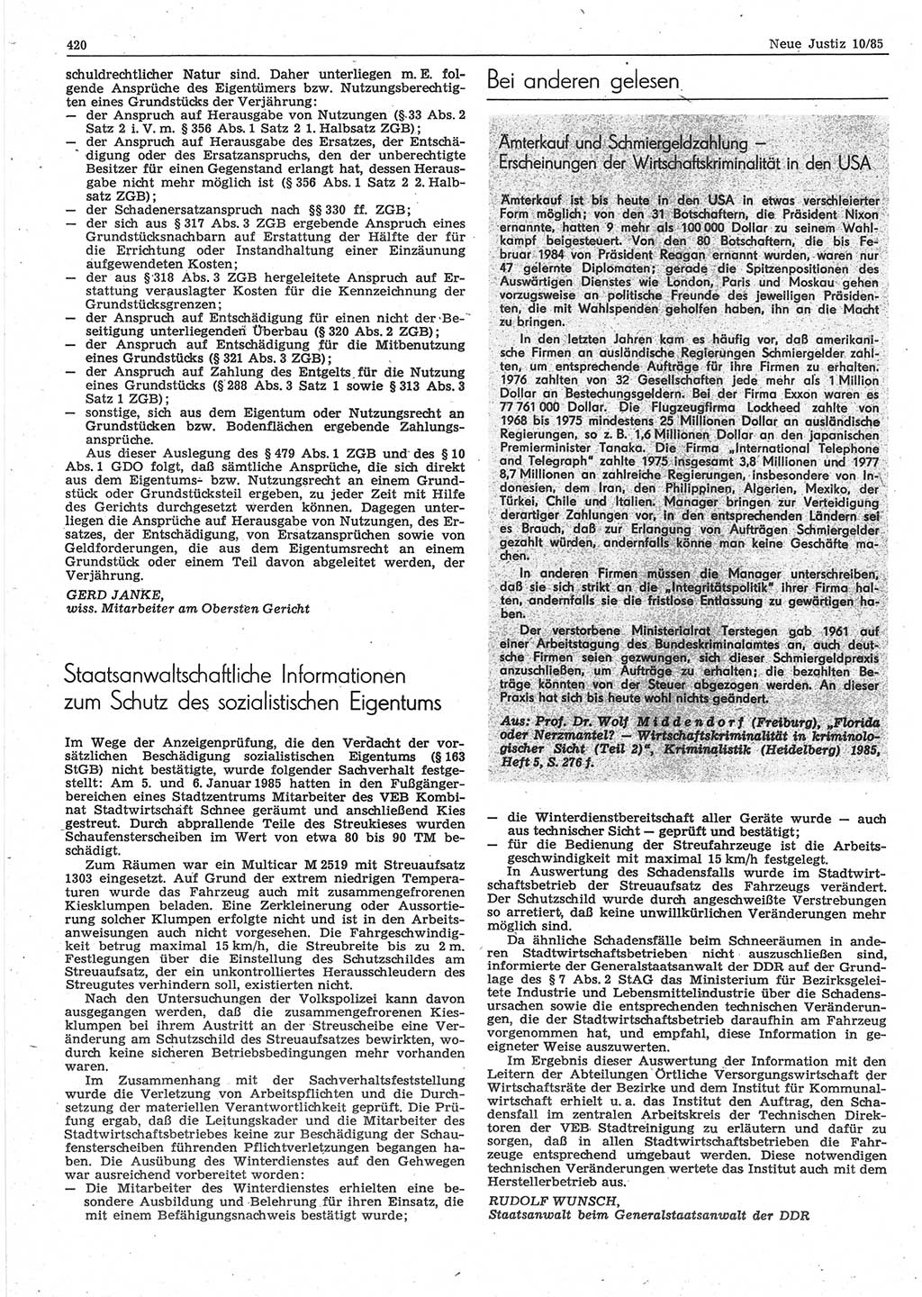 Neue Justiz (NJ), Zeitschrift für sozialistisches Recht und Gesetzlichkeit [Deutsche Demokratische Republik (DDR)], 39. Jahrgang 1985, Seite 420 (NJ DDR 1985, S. 420)