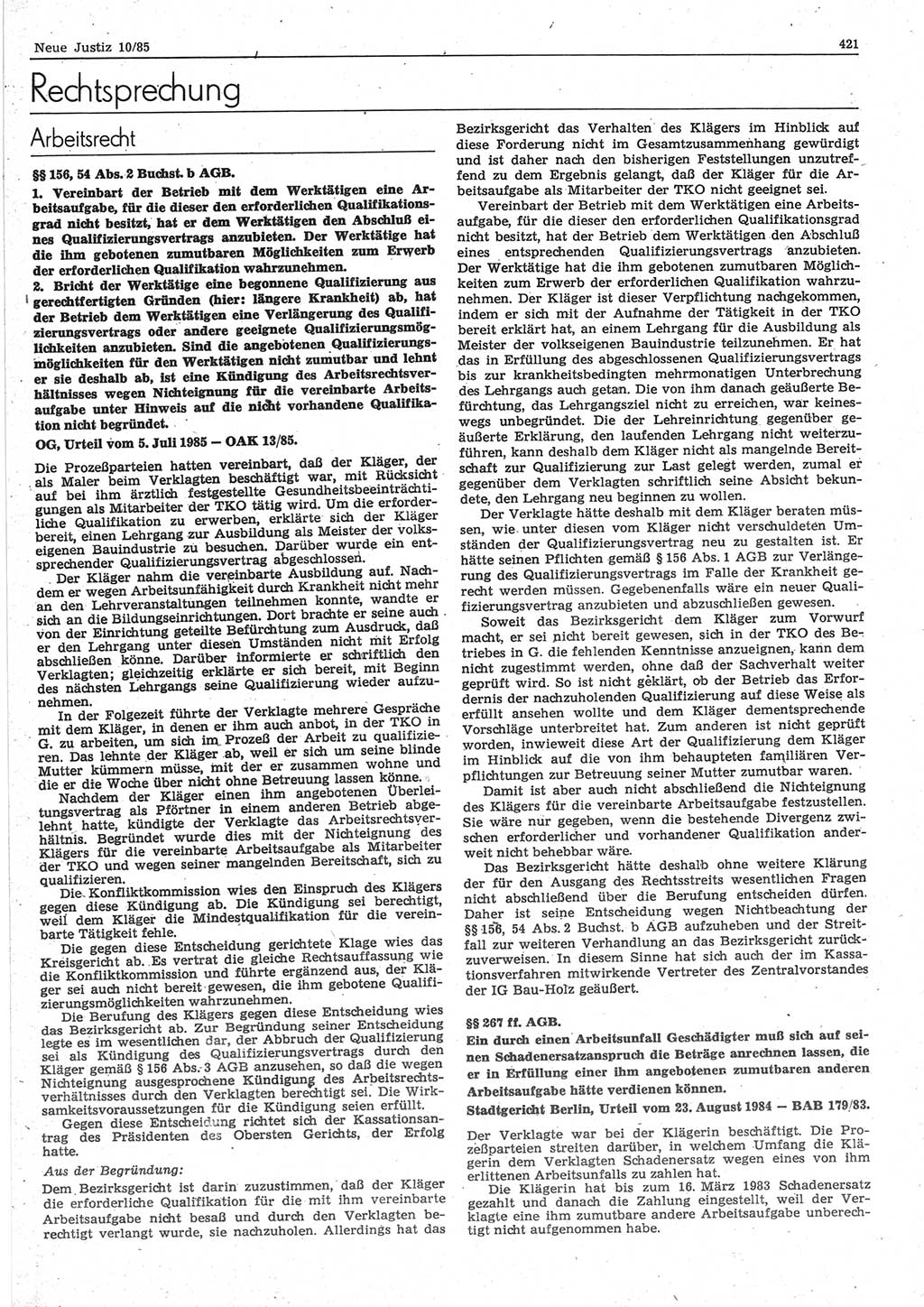 Neue Justiz (NJ), Zeitschrift für sozialistisches Recht und Gesetzlichkeit [Deutsche Demokratische Republik (DDR)], 39. Jahrgang 1985, Seite 421 (NJ DDR 1985, S. 421)