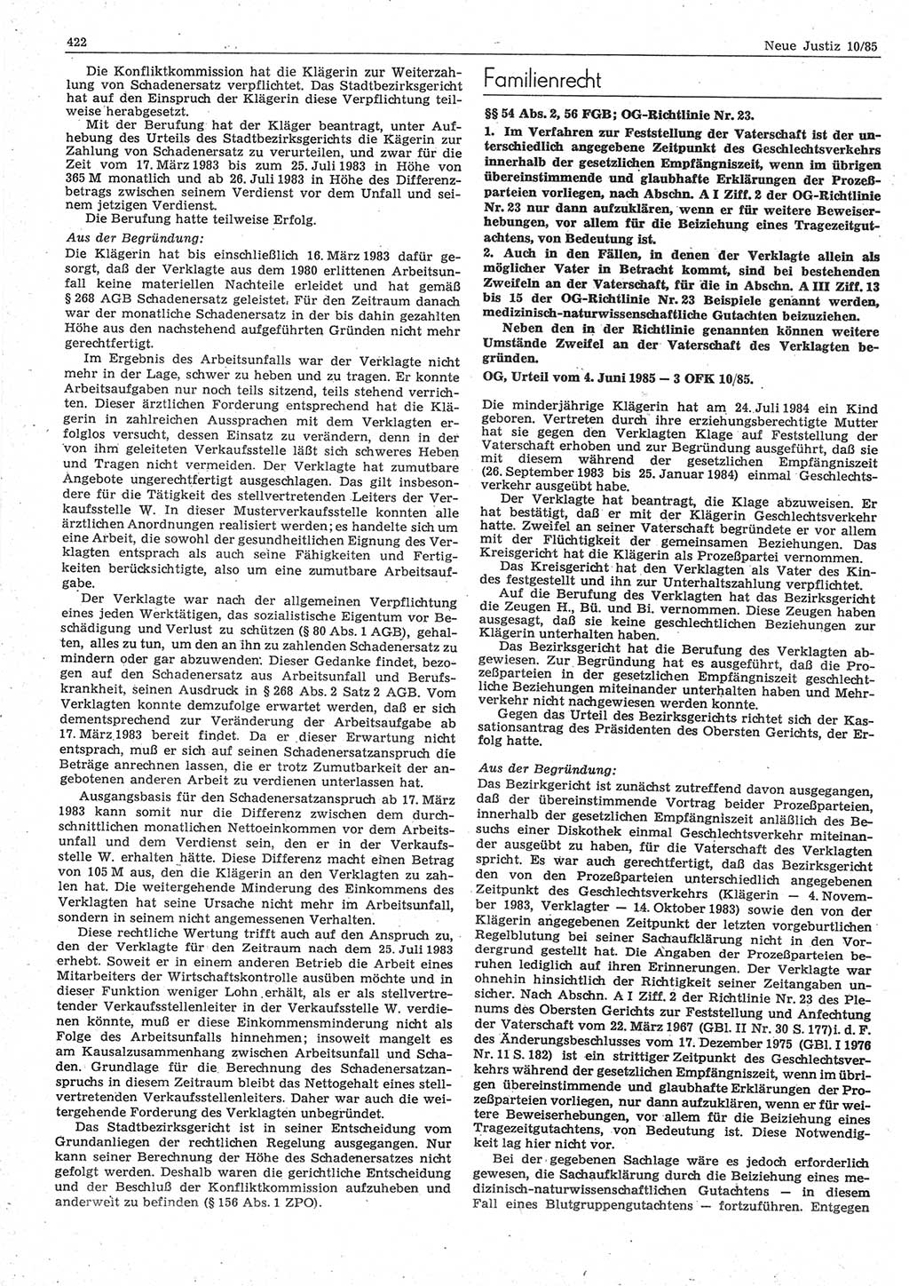 Neue Justiz (NJ), Zeitschrift für sozialistisches Recht und Gesetzlichkeit [Deutsche Demokratische Republik (DDR)], 39. Jahrgang 1985, Seite 422 (NJ DDR 1985, S. 422)