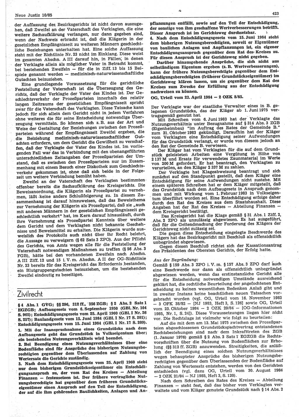 Neue Justiz (NJ), Zeitschrift für sozialistisches Recht und Gesetzlichkeit [Deutsche Demokratische Republik (DDR)], 39. Jahrgang 1985, Seite 423 (NJ DDR 1985, S. 423)