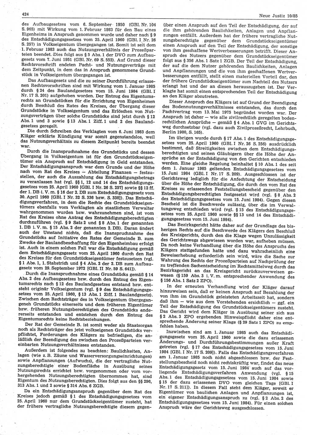 Neue Justiz (NJ), Zeitschrift für sozialistisches Recht und Gesetzlichkeit [Deutsche Demokratische Republik (DDR)], 39. Jahrgang 1985, Seite 424 (NJ DDR 1985, S. 424)