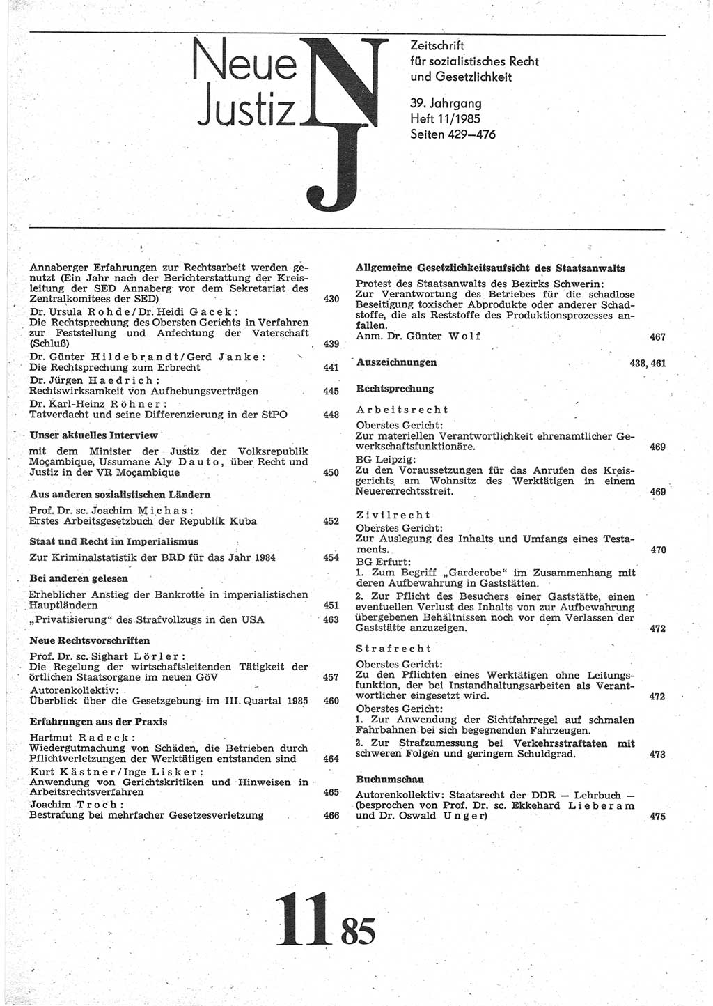 Neue Justiz (NJ), Zeitschrift für sozialistisches Recht und Gesetzlichkeit [Deutsche Demokratische Republik (DDR)], 39. Jahrgang 1985, Seite 429 (NJ DDR 1985, S. 429)