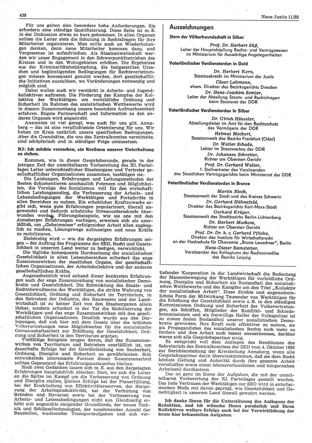 Neue Justiz (NJ), Zeitschrift für sozialistisches Recht und Gesetzlichkeit [Deutsche Demokratische Republik (DDR)], 39. Jahrgang 1985, Seite 438 (NJ DDR 1985, S. 438)