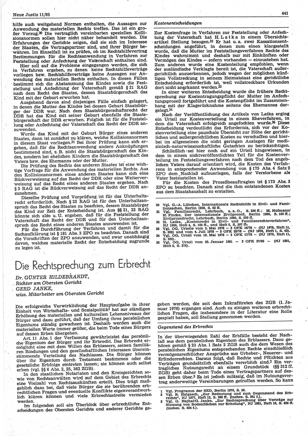 Neue Justiz (NJ), Zeitschrift für sozialistisches Recht und Gesetzlichkeit [Deutsche Demokratische Republik (DDR)], 39. Jahrgang 1985, Seite 441 (NJ DDR 1985, S. 441)