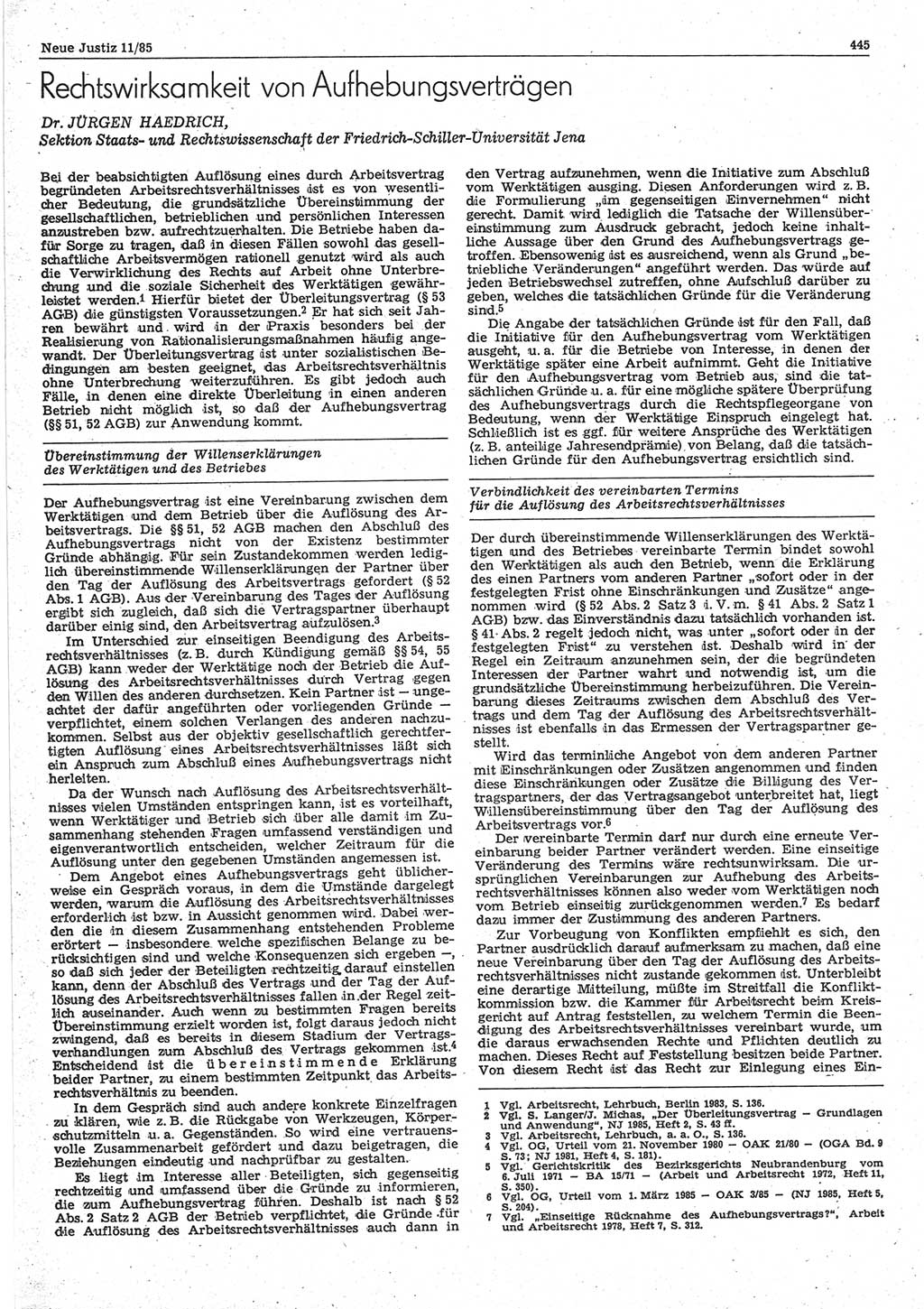 Neue Justiz (NJ), Zeitschrift für sozialistisches Recht und Gesetzlichkeit [Deutsche Demokratische Republik (DDR)], 39. Jahrgang 1985, Seite 445 (NJ DDR 1985, S. 445)