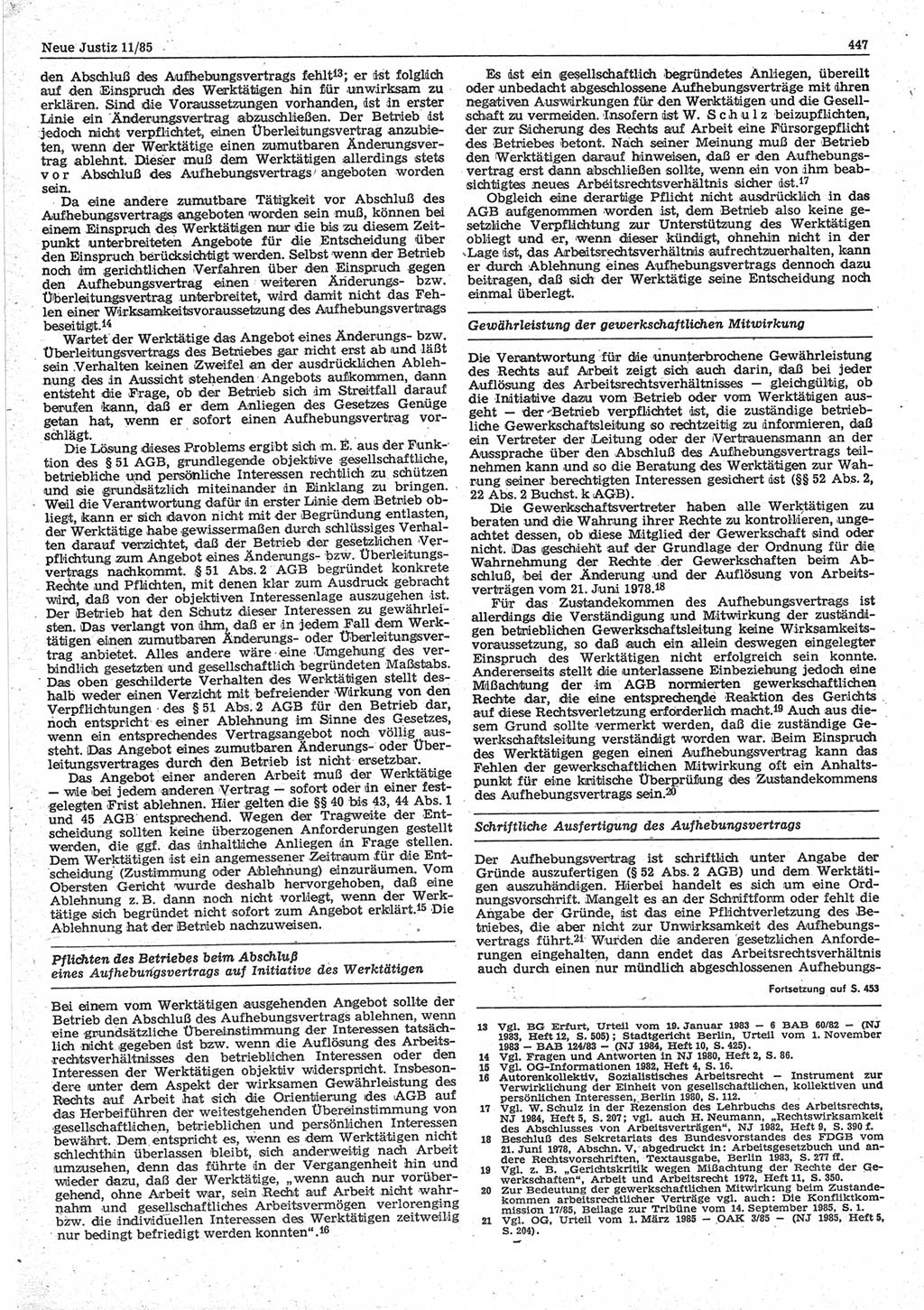 Neue Justiz (NJ), Zeitschrift für sozialistisches Recht und Gesetzlichkeit [Deutsche Demokratische Republik (DDR)], 39. Jahrgang 1985, Seite 447 (NJ DDR 1985, S. 447)