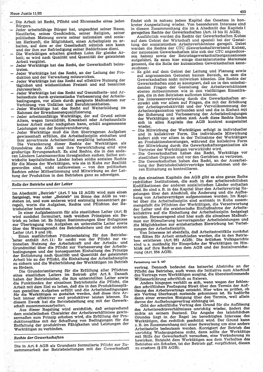 Neue Justiz (NJ), Zeitschrift für sozialistisches Recht und Gesetzlichkeit [Deutsche Demokratische Republik (DDR)], 39. Jahrgang 1985, Seite 453 (NJ DDR 1985, S. 453)